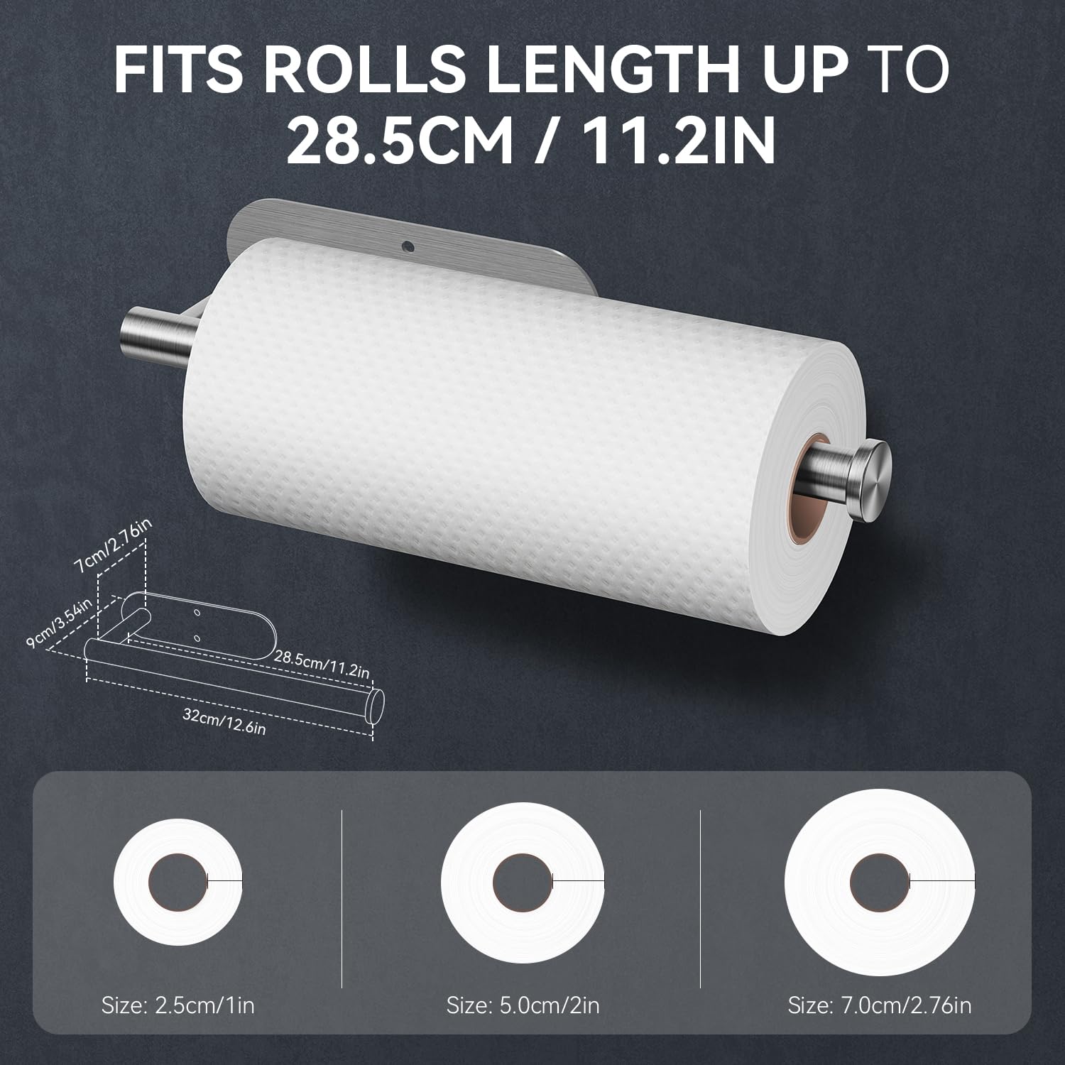 Soporte para toallas de papel debajo del gabinete, rollos de papel autoadhesivos para cocina, montaje en pared de acero inoxidable grueso a prueba de óxido, ambos disponibles en adhesivo y 3