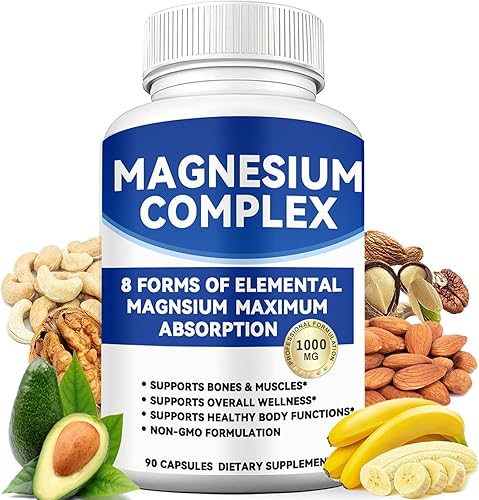 Complejo de magnesio de 1000 mg con 8 formas glicinato, citrato, malato, taurato para absorción, apoya hueso, músculo, energía y recuperación,