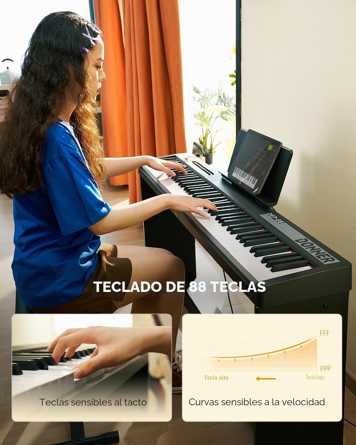 Donner Teclado de piano digital de 88 teclas sensibles a la velocidad con soporte extraíble, piano eléctrico compacto para principiantes con modo Split, pantalla LED y pedal triple, DEP-08