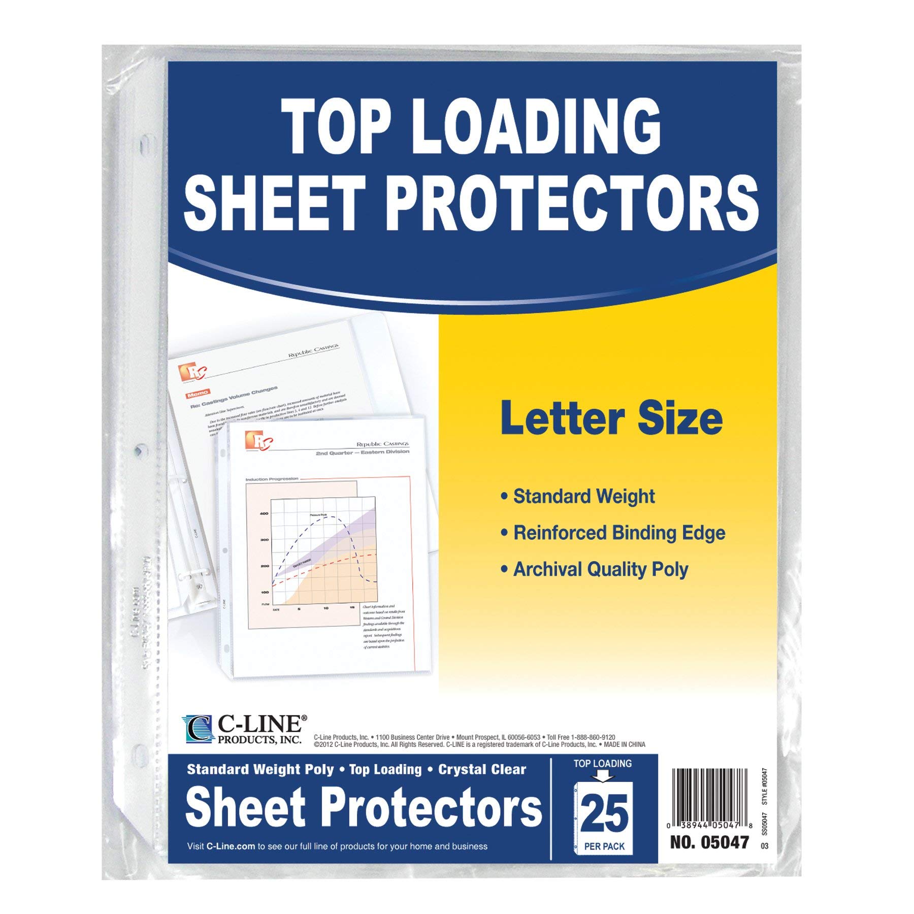 C-Line Top Loading Standard Weight Poly Sheet Protectors, Clear, 8.5 x 11 Inches, 25 per Pack (05047)