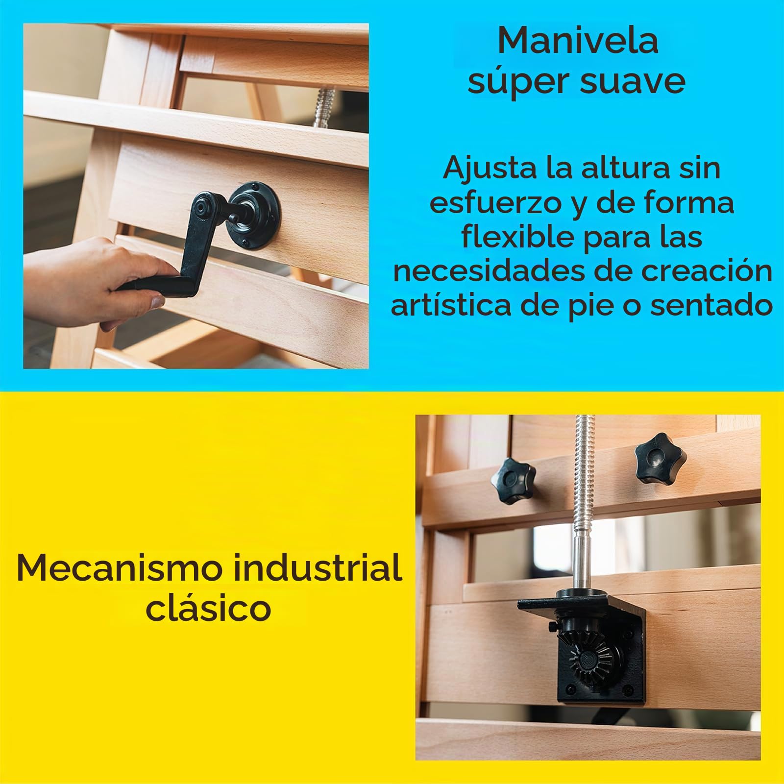 MEEDEN Caballete de estudio de manivela grande de lujo, caballete de pintura de artista resistente, madera de haya maciza con altura ajustable, caballete plano móvil e inclinable, soporta lienzo