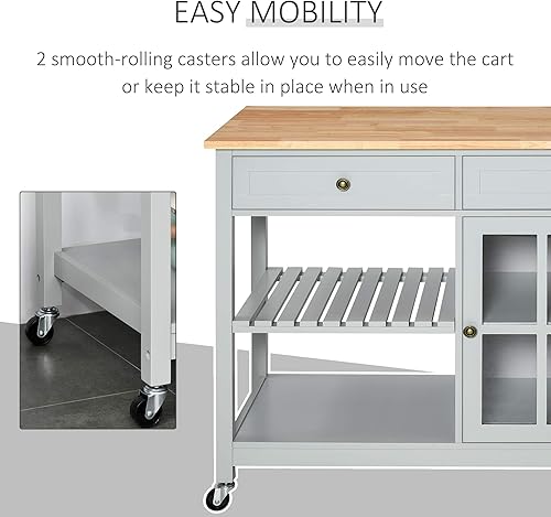 Miniatura 6 de HOMCOM Isla de cocina rodante con almacenamiento, carrito de cocina con parte superior de madera maciza, gabinete de puerta de vidrio, estante