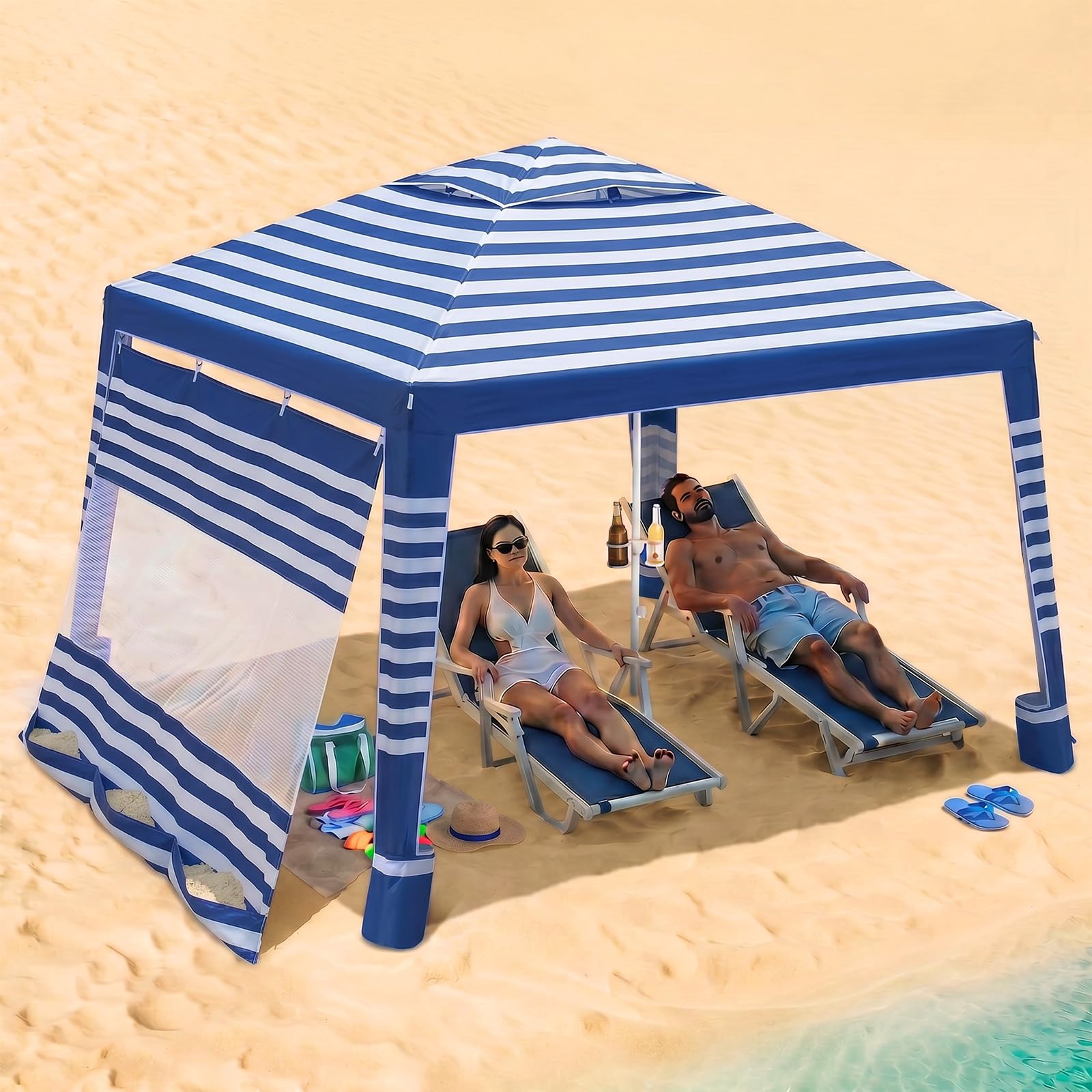 Sekey Strandmuschel pop up UV-Schutz 50, höhenverstellbar & einfacher Aufbau mit Seitenvorhang, als stabiles Strandzelt & Sonnensegel Strand, windfest & wasserdicht für Strand, (Blaue Streifen)