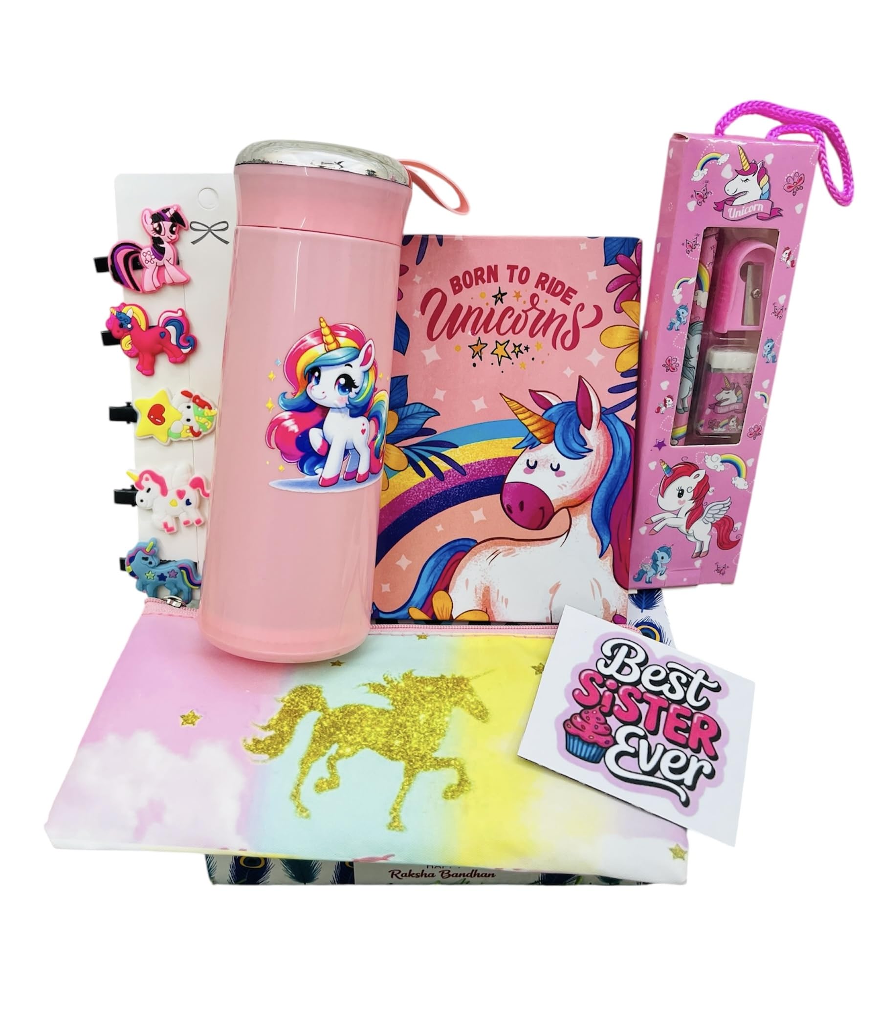 Economical Store 91 Pack of 15 pc Unicorn Pink Theme Rakhi Gift for Sister- Unicorn Glass Bottle,Best Sister Fridge Magnet, Unicorn Diary, Pouch, Hairclips, Stationery Set, Rakshabandhan Gift for Sis-image-8