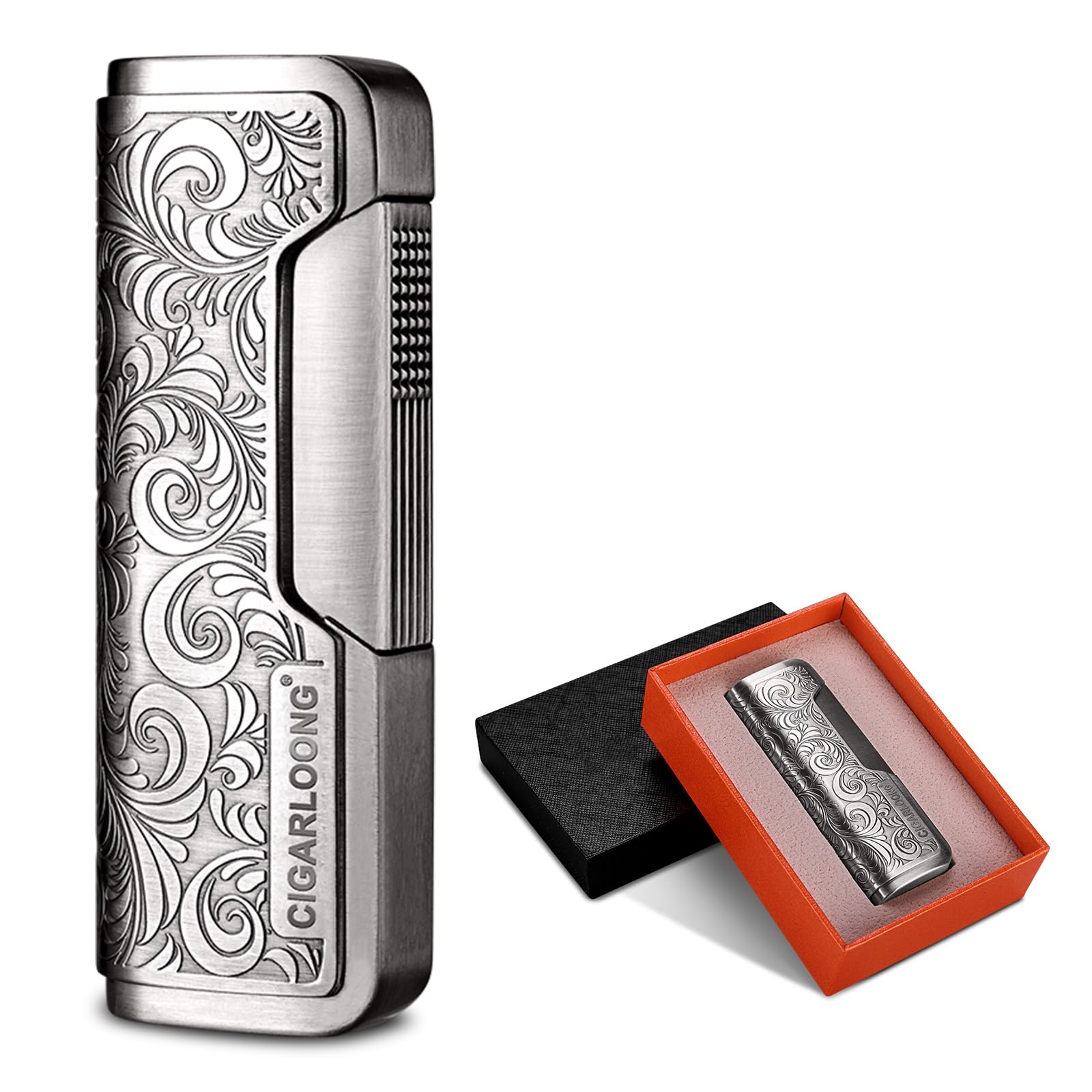 CIGARLOONG Cigar Lighter Torch Lighter Carving Windproof Gas-Filled Lighter for Cigar with Gift Box(Color:Silver),Without Gas