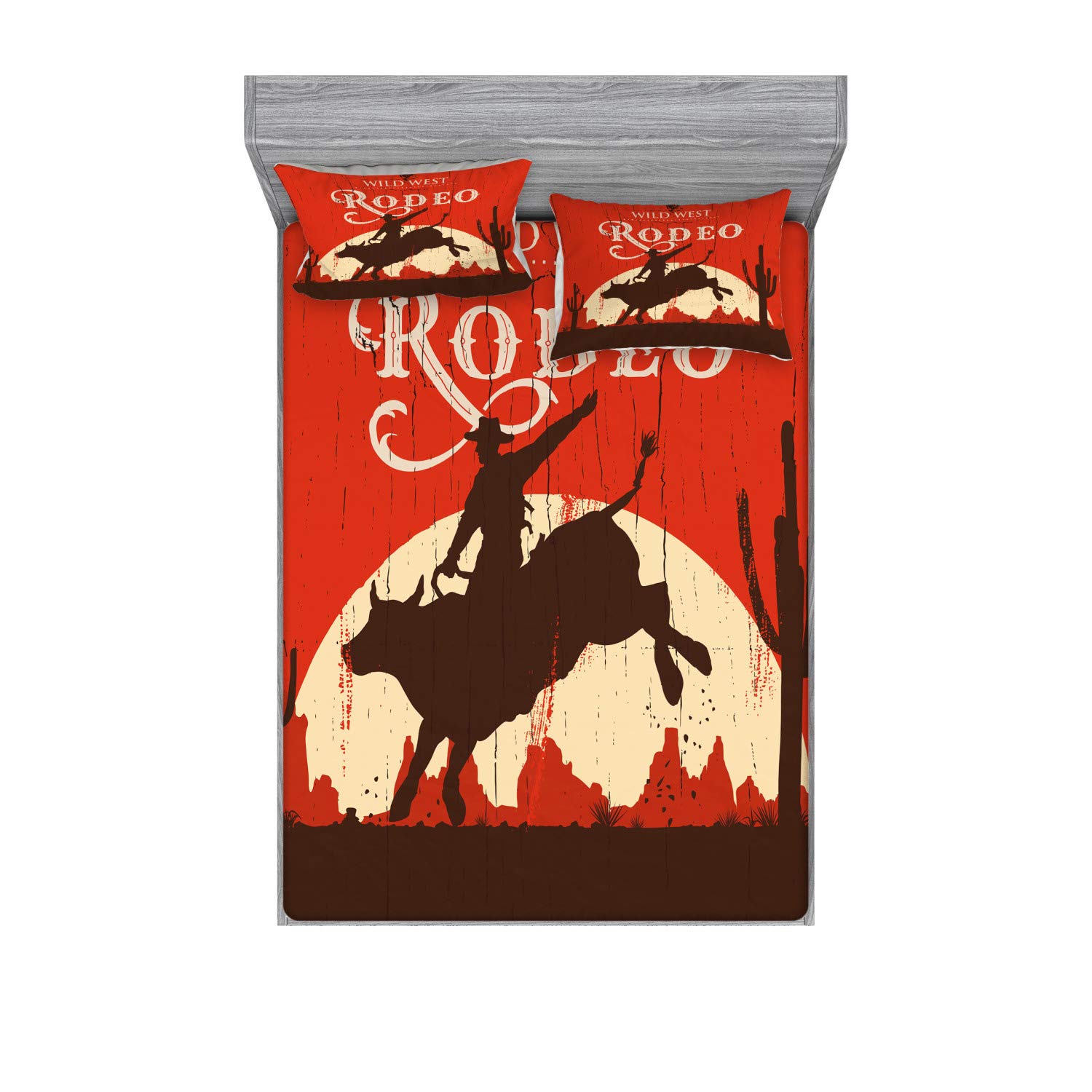 Ambesonne Vintage Fitted Sheet & Pillow Sham Set, Rodeo Cowboy Riding Bull Wooden Old Sign Western Style Wilderness at Sunset Image, Decorative