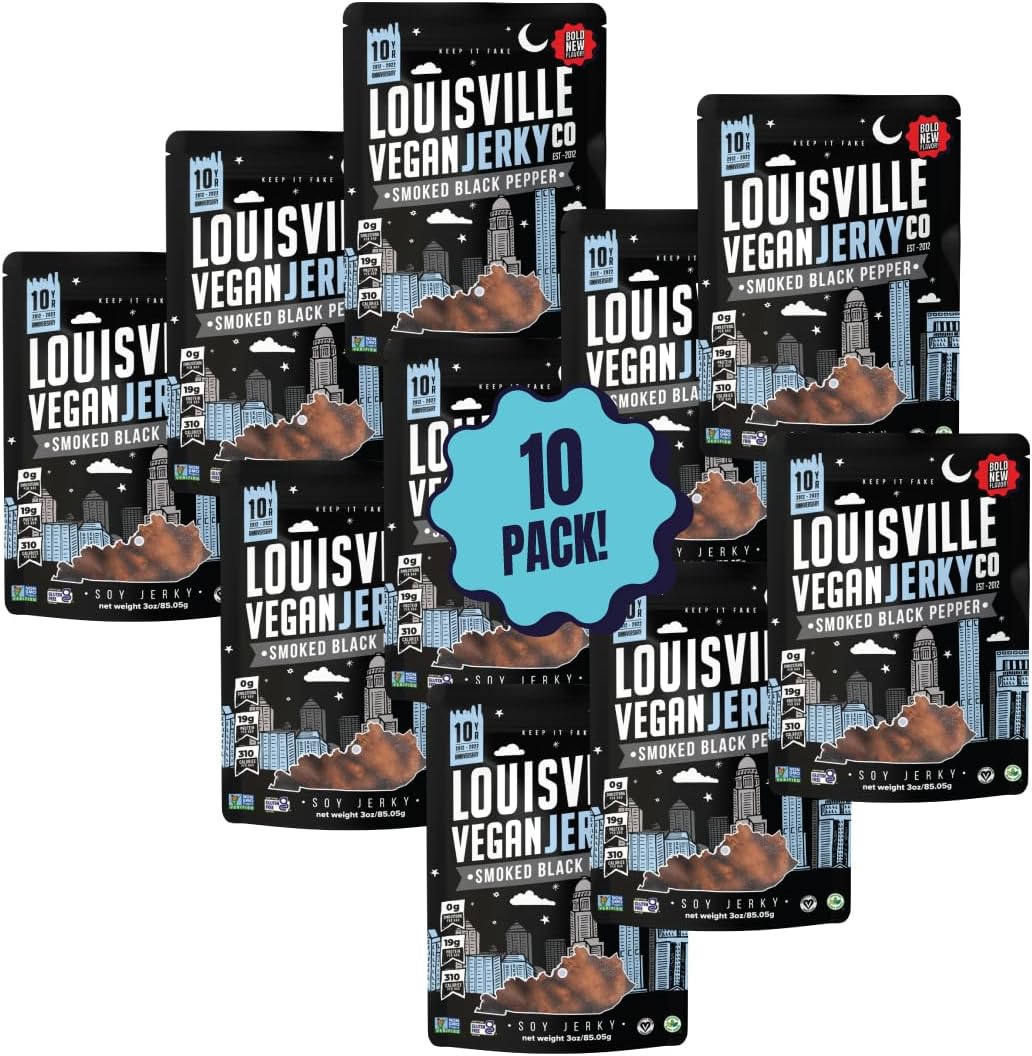 Louisville Vegan Jerky - vegan and vegetarian beef with smoked black pepper, 19g non-GMO soy protein, 310 calories per bag, protein-rich vegan snacks without g