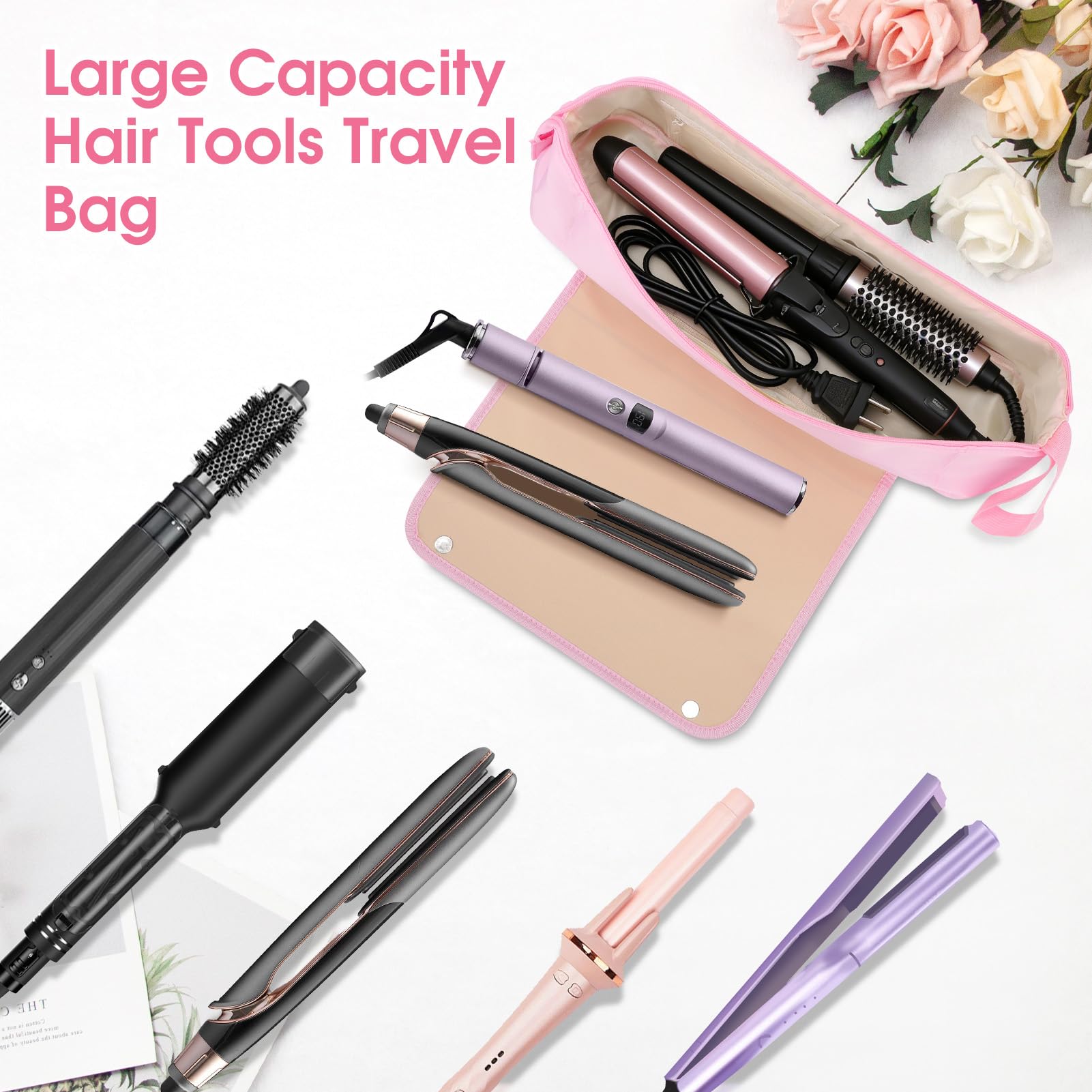 Gugxiom Borsa da viaggio per acconciature con base resistente al calore, borsa 2 in 1, grande capacità per arricciacapelli, piastre per capelli, asciugacapelli e spazzole ad aria calda (rosa)