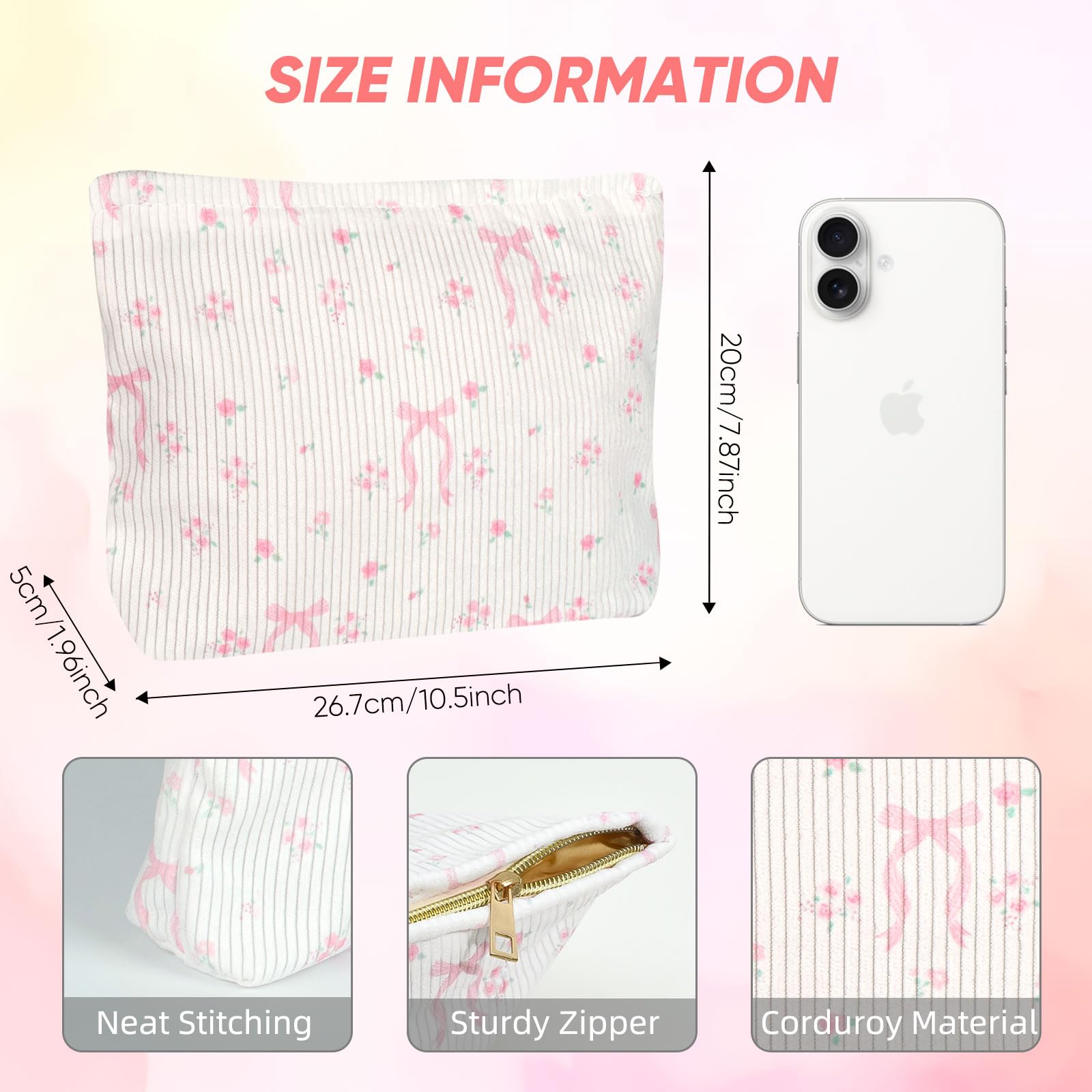 Ksriylm Pink Bow Cosmetic Bag for Women,Cute Canvas Toiletry Organizer Storage with Purse Zipper,Small Multifunctional Travel Makeup Bag,Aesthetic Travel Toiletry Bags - Image 2