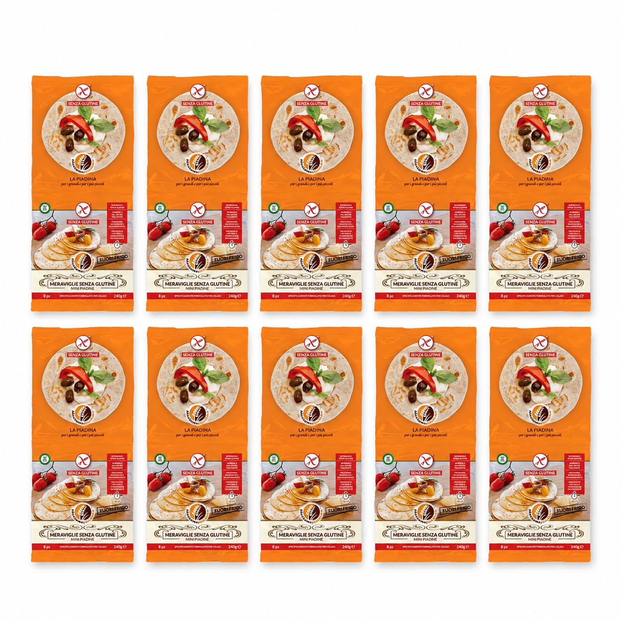 Riccione Piadina Le Meraviglie Senza Glutine Mini Piadine Fuori Frigo - 10 Confezioni da 8 Mini (240 g) - Vegane, con Olio Extravergine, Marchio Spiga Barrata AIC