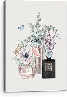Bedroom Fashion Wall Art Canvas: Perfume Bottle Picture Painting Print Glam Bouquet Flower Artwork Decor for Bathroom Woman Girls Makeup Room Home