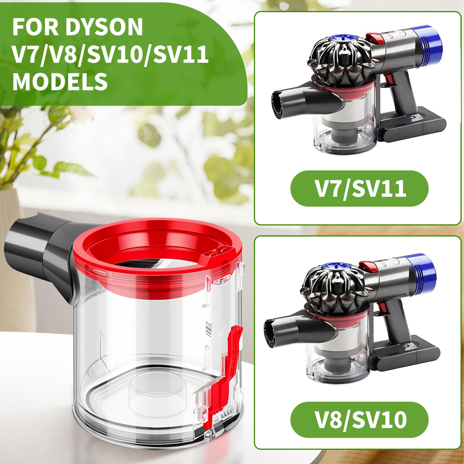Contenitore Inferiore per Dyson V7 V8 SV10 SV11, Contenitore per la Polvere Trasparente e di Alta Qualità, Include 2 Pre Filtri, 2 Post Filtri e 1 Spazzola di Pulizia
