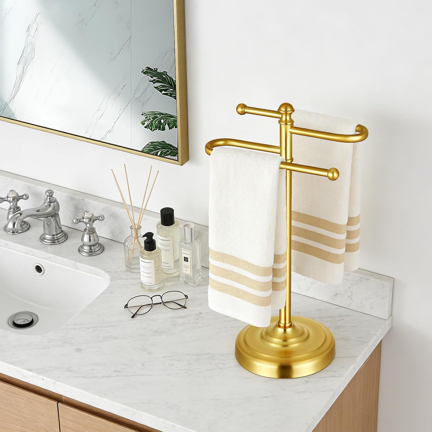 Hand Towel Stand,304 Stainless Steel Hand Towel Holder for Bathroom Kitchen Counter，14.5 Inch S-Shape Weighted Base Standing Hand Towel Rack Bar Holds 2 Towels (Gold)