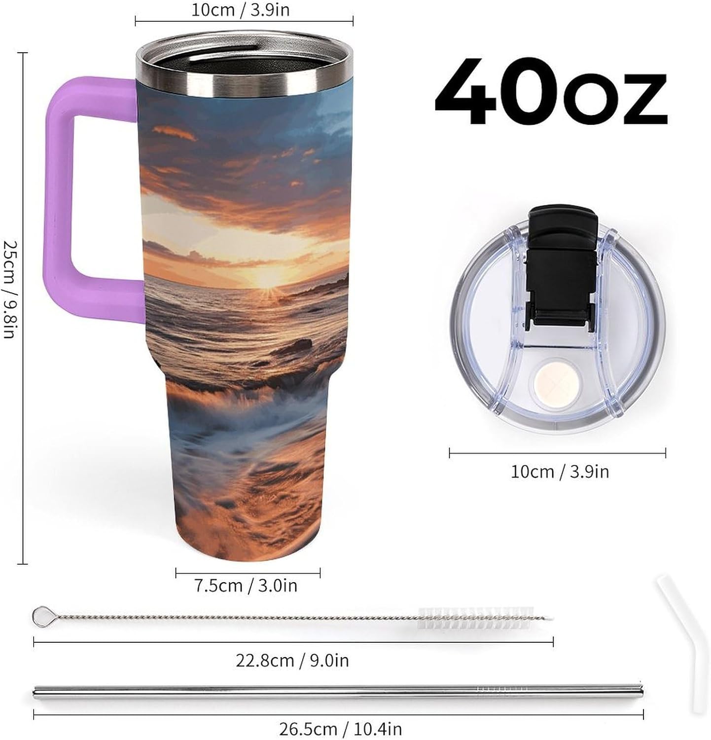 Beach Maui Hawaii Sunset Sea Waves Clouds Tumbler Stainless Steel Large Car Cup with Handle&Straw Lid Portable Coffee Cup Leak-proof Water Bottle Insulated Vacuum Travel Mug for Home Outdoor 40oz