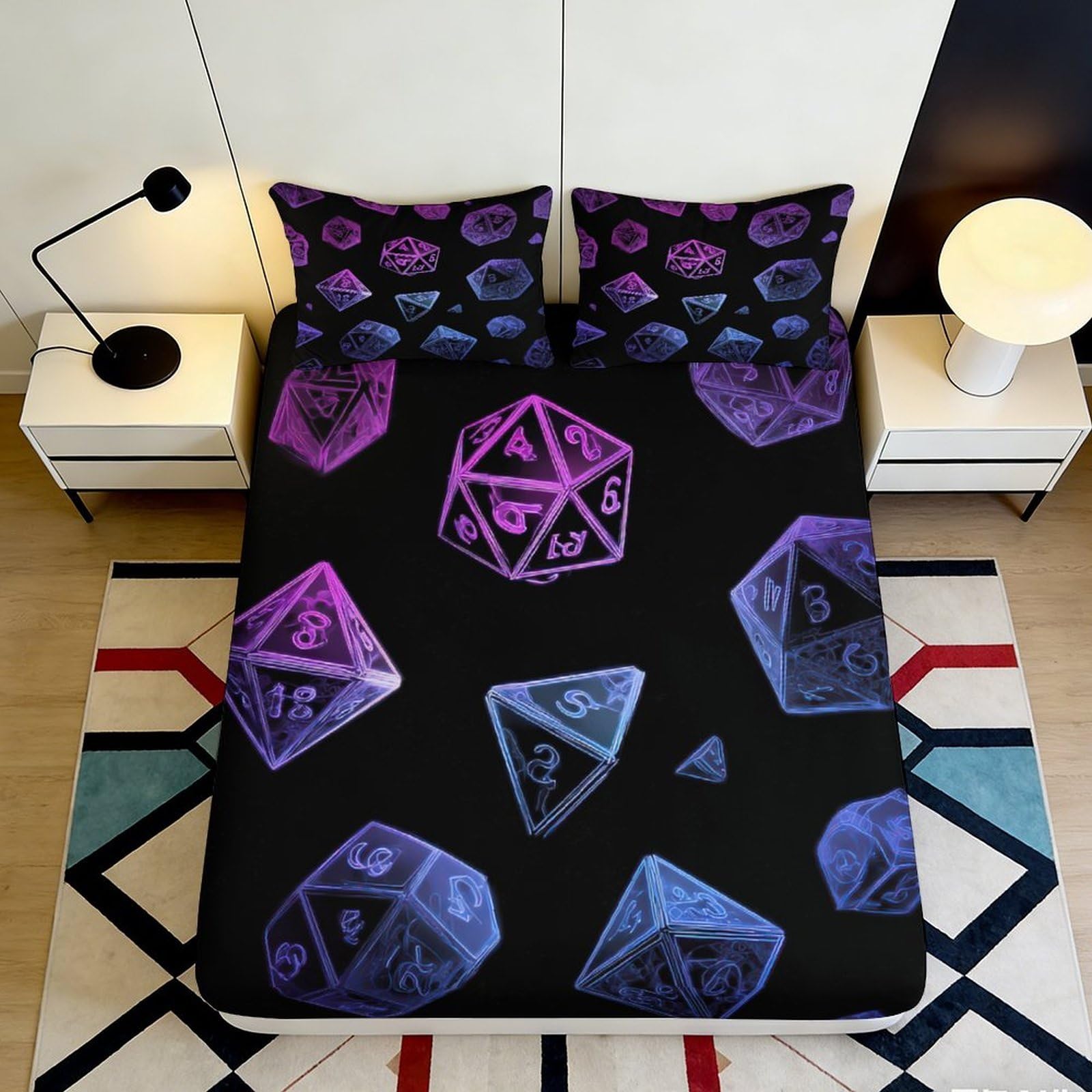 3D Printed Neon Dice Fitted Sheet Microfiber Soft Breathable Glowing Dice Bed Sheet for Bedroom Dormitory Guest Room Mattress Cover Decor 160x200x25cm