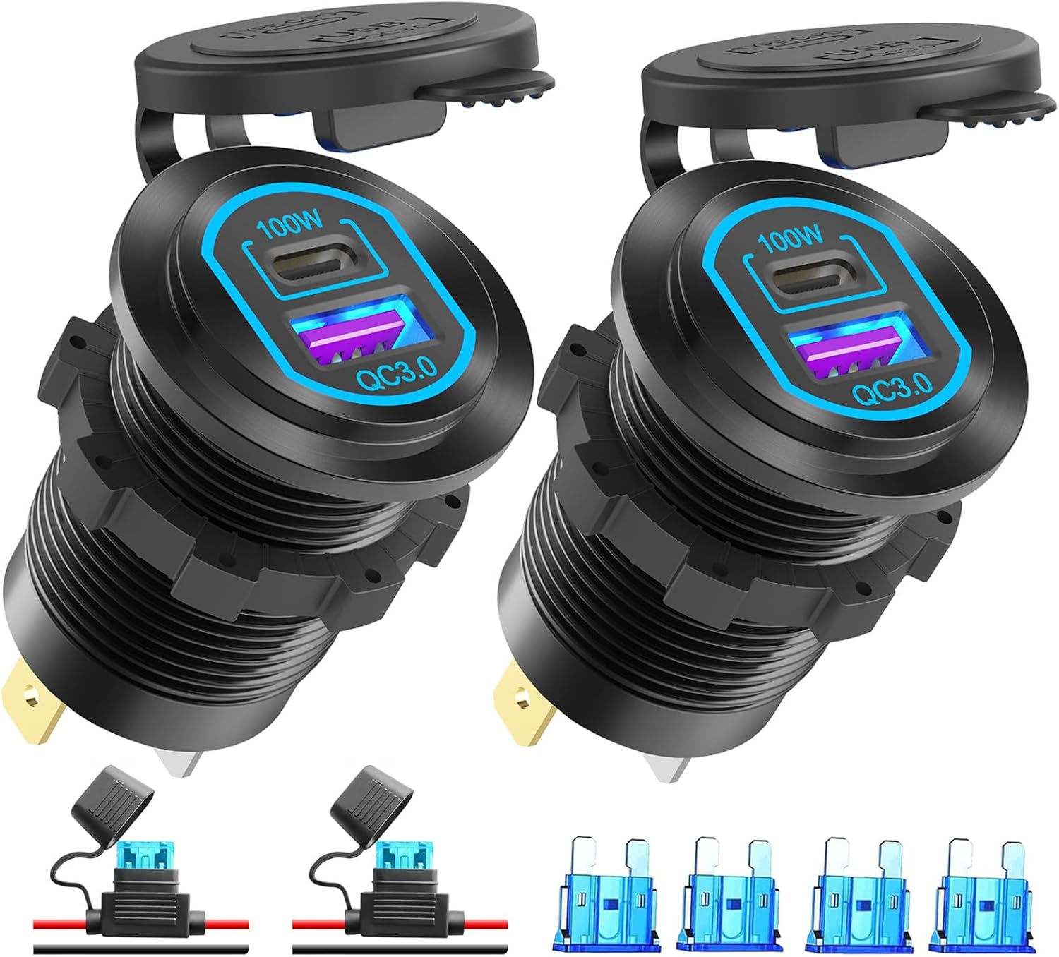 2 Pack 12V USB C Outlet PD 100W Car USB Port for Laptop and QC3.0 18W Car Charger Socket Aluminum Alloy, Fast Charging Cigarette Lighter Replacement DIY Accessary for RV MarineTruck Boat Golf