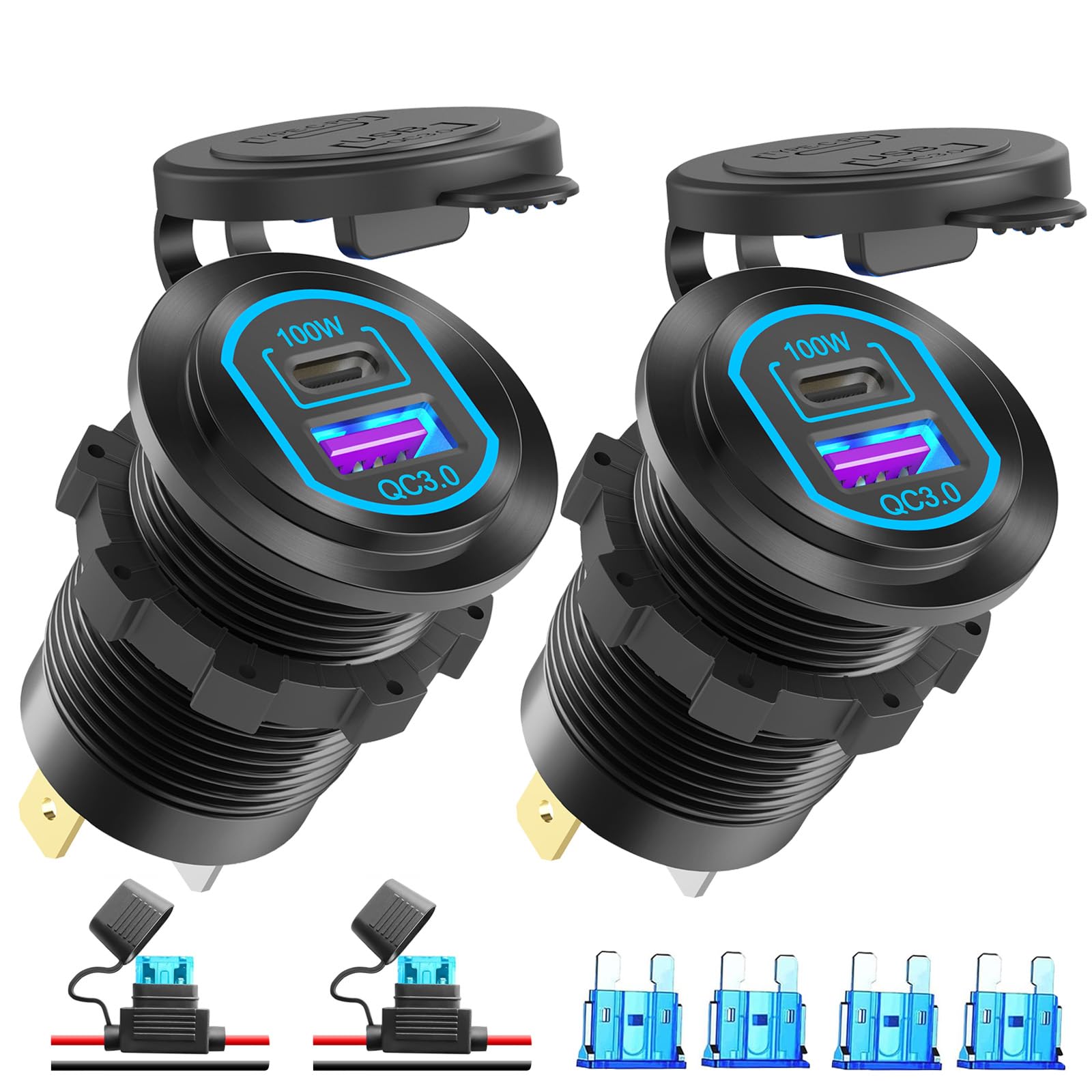 Confezione da 2 Presa USB C 12Volt Porta USB PD 100W per laptop e presa caricatore auto QC3.0 18W Lega di alluminio, carica rapida Montaggio incassato Sostituzione accendisigari Accessorio fai da te