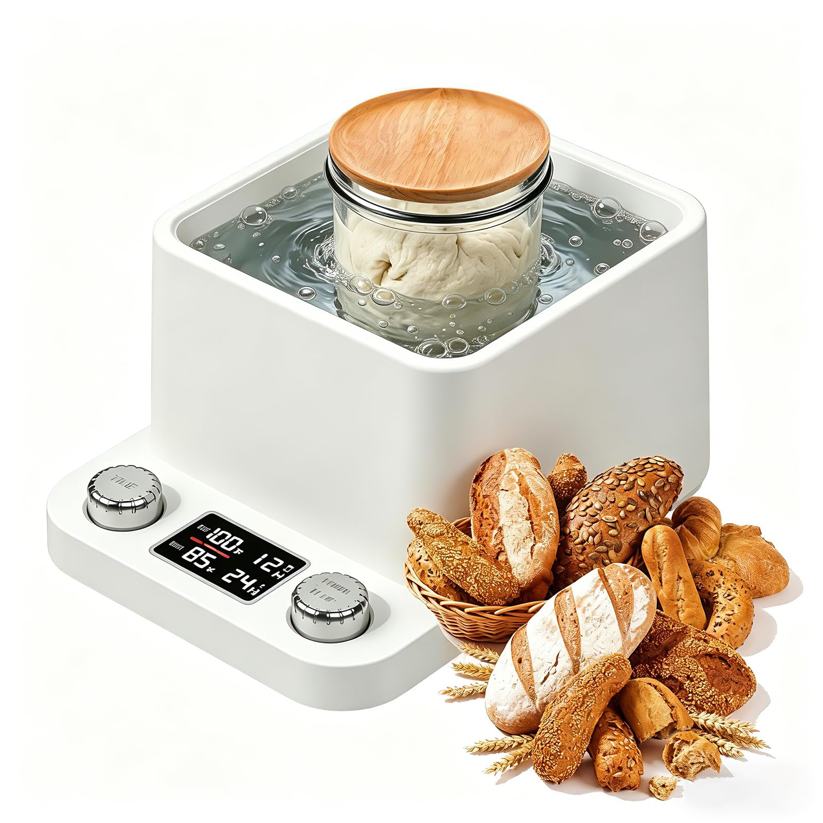Chauffe-levain - Chauffe-bain-marie en verre - Thermostat précis (21 à 40 °C) - Minuterie intelligente de 198 heures - Tampon chauffant au levain pour accessoires de pâtisserie, boulangerie