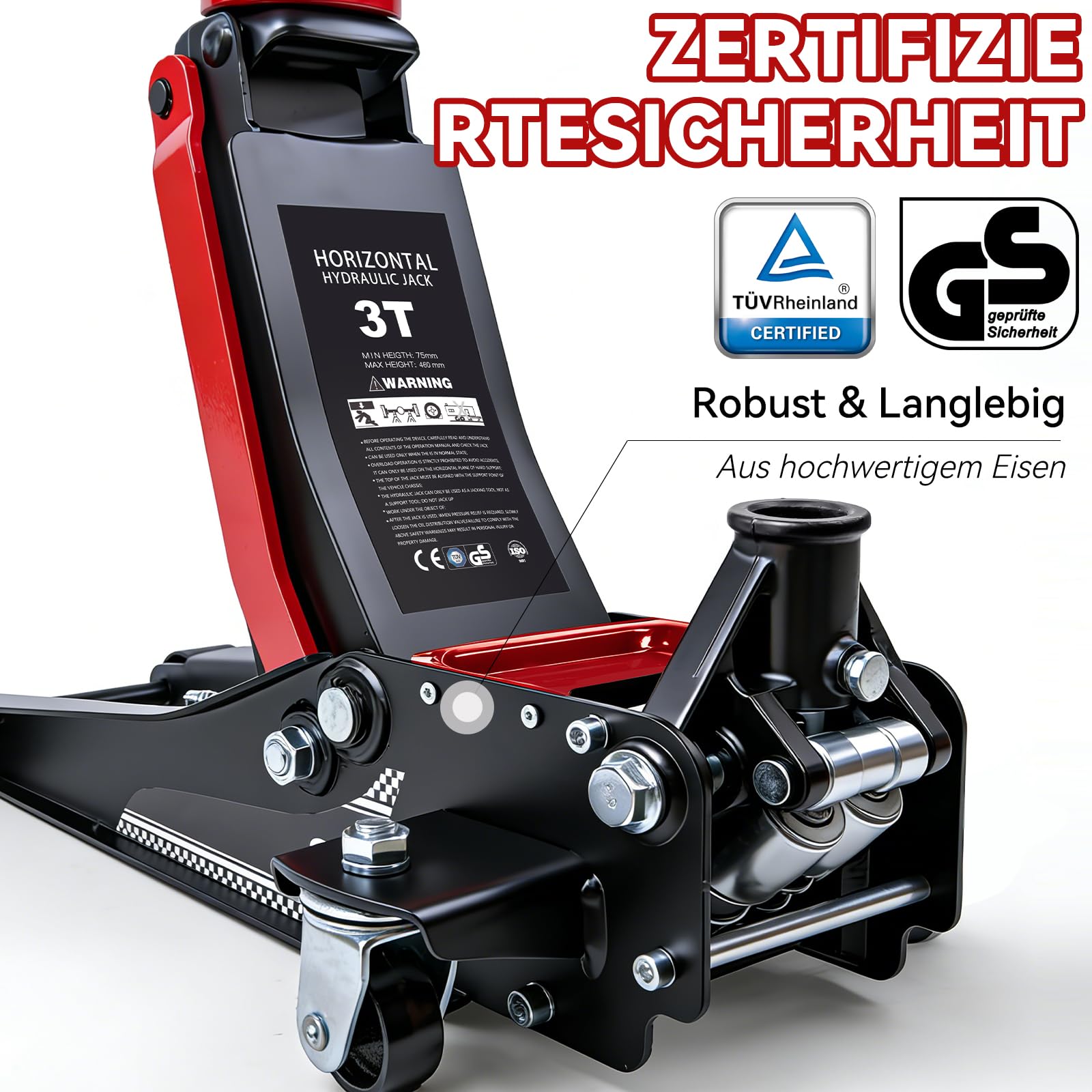 Warmfay Hydraulischer Wagenheber 3T, TÜV Geprüfter Profi Rangierwagenheber Flach 75-460mm Hubhöhe, Wagenheber Jack mit 360° Rollen, Doppelkolben & 2X Gummiauflagen, Ideal für SUV & Tiefergelegte Auto