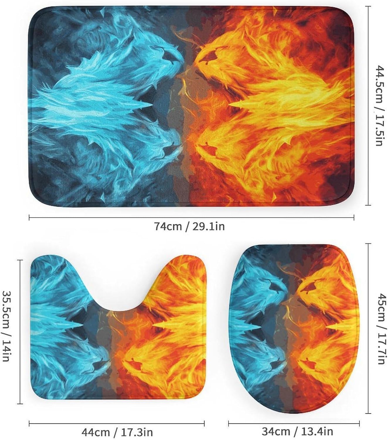 Fire Vs Ice Art 4Pcs Shower Curtain Set with Non-Slip Rugs, Toilet Lid Cover and Bath Mat,Bathroom Set Decor Accessories,Curtain Set with 12 Hooks, 72 X 72 Inch