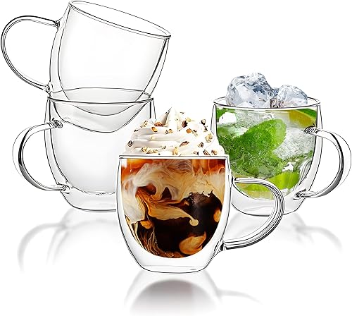 YMMIND Juego de 4 tazas de café de vidrio de doble pared, 6 onzas, tazas de café aisladas con asa, taza de café de vidrio borosilicato para bebidas