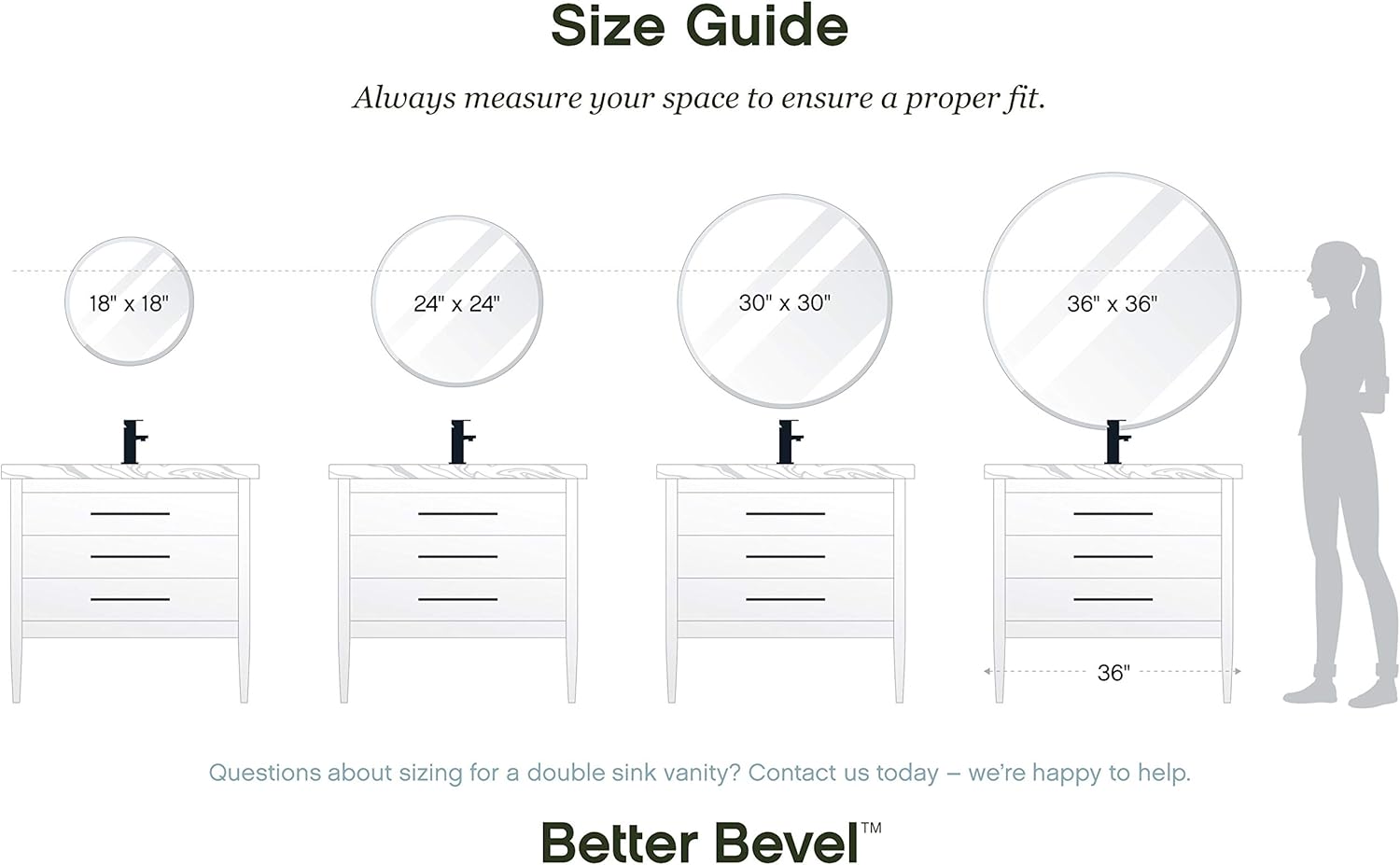 Better Bevel Frameless Round Mirror, 24" Diameter Circle Bathroom Wall Mirror w/Beveled Edge