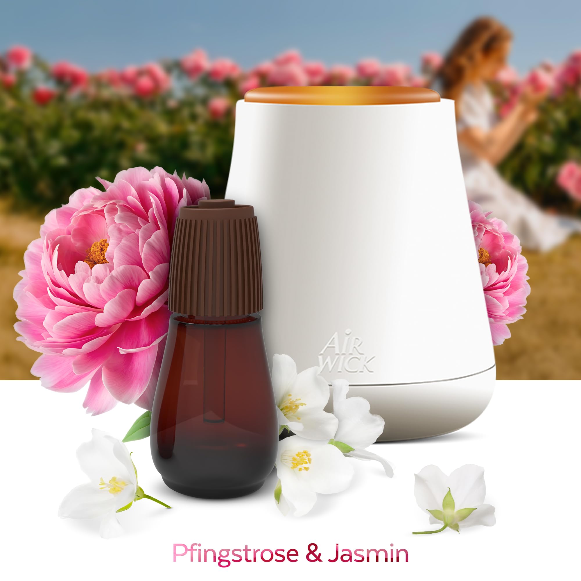 Airwick Ricariche per Diffusore di Oli Essenziali, 3 Ricariche per Profumatore per Ambienti alla Fragranza Peonia e Gelsomino con Oli Essenziali