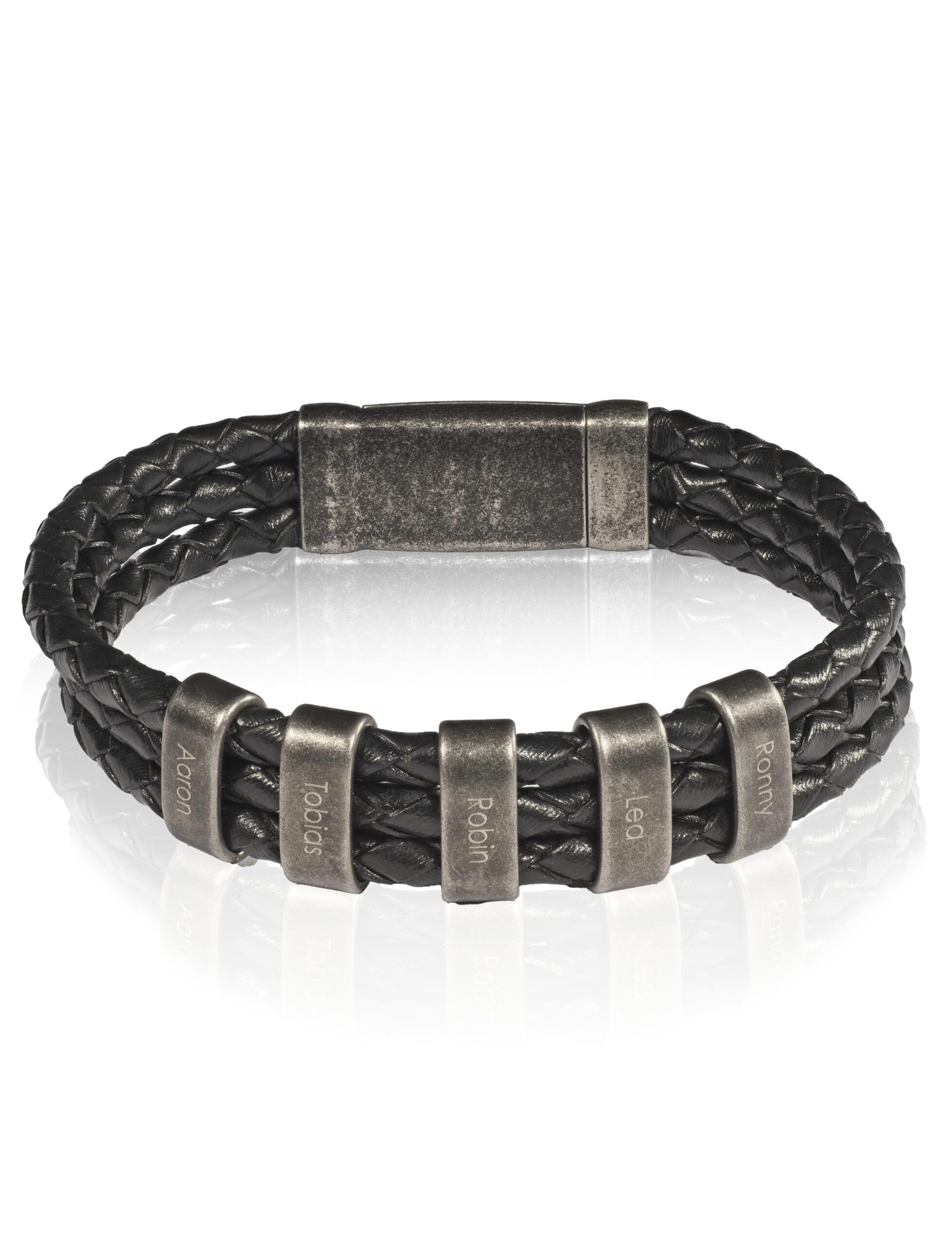 bijuuu Geflochtenes Lederarmband Herren – Echtleder Armband mit Namen – Flechtarmband aus Leder inklusive Gravur – Namensarmband personalisiert aus Rindsleder
