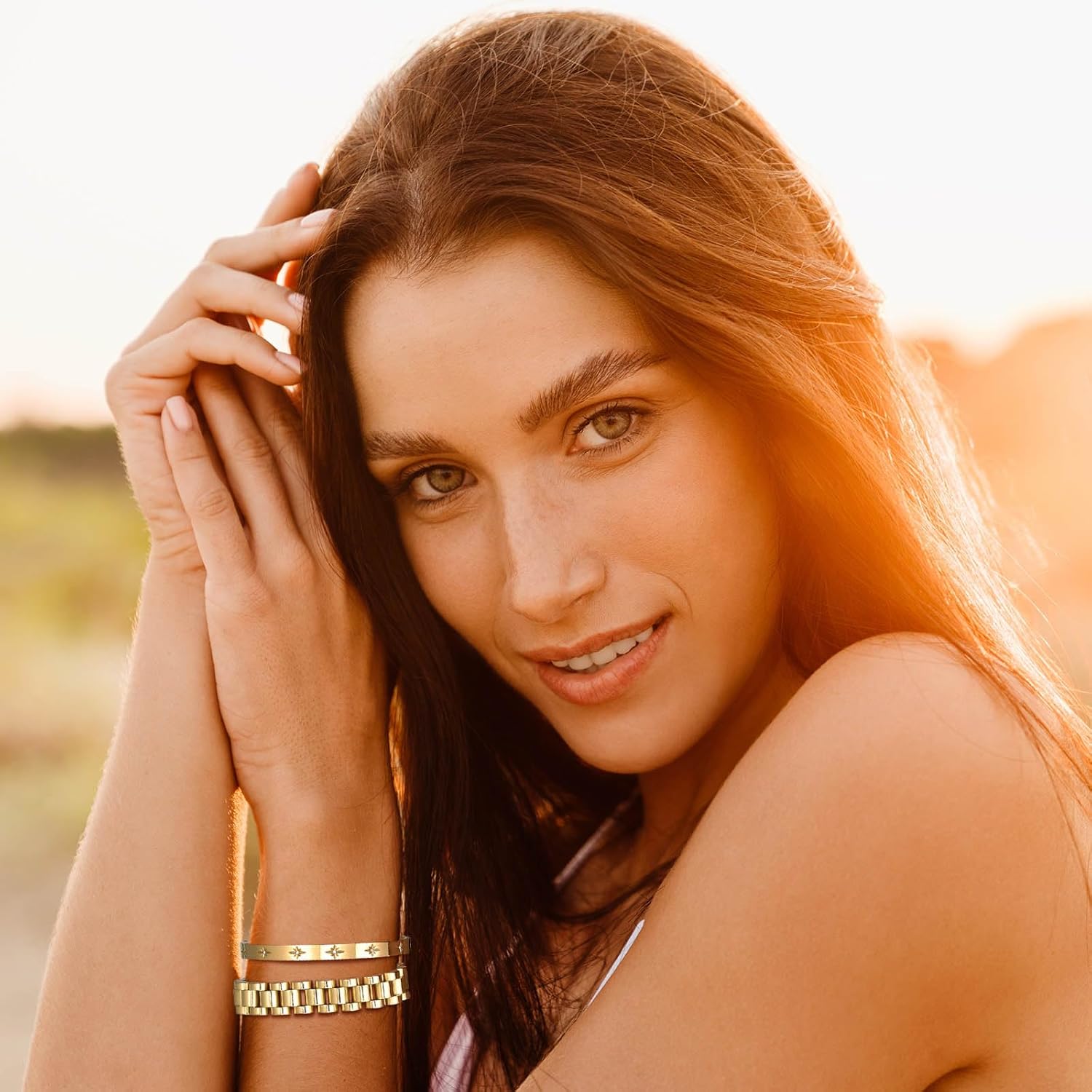 MPRAINBOW 2pcs 18K Gold Plated Chain Link Bracelet, Stainless Steel Crystal Friendship Bracelets Bangle,Watch Band Chains Wristband Jewelry with Adjust Tool - Image 3