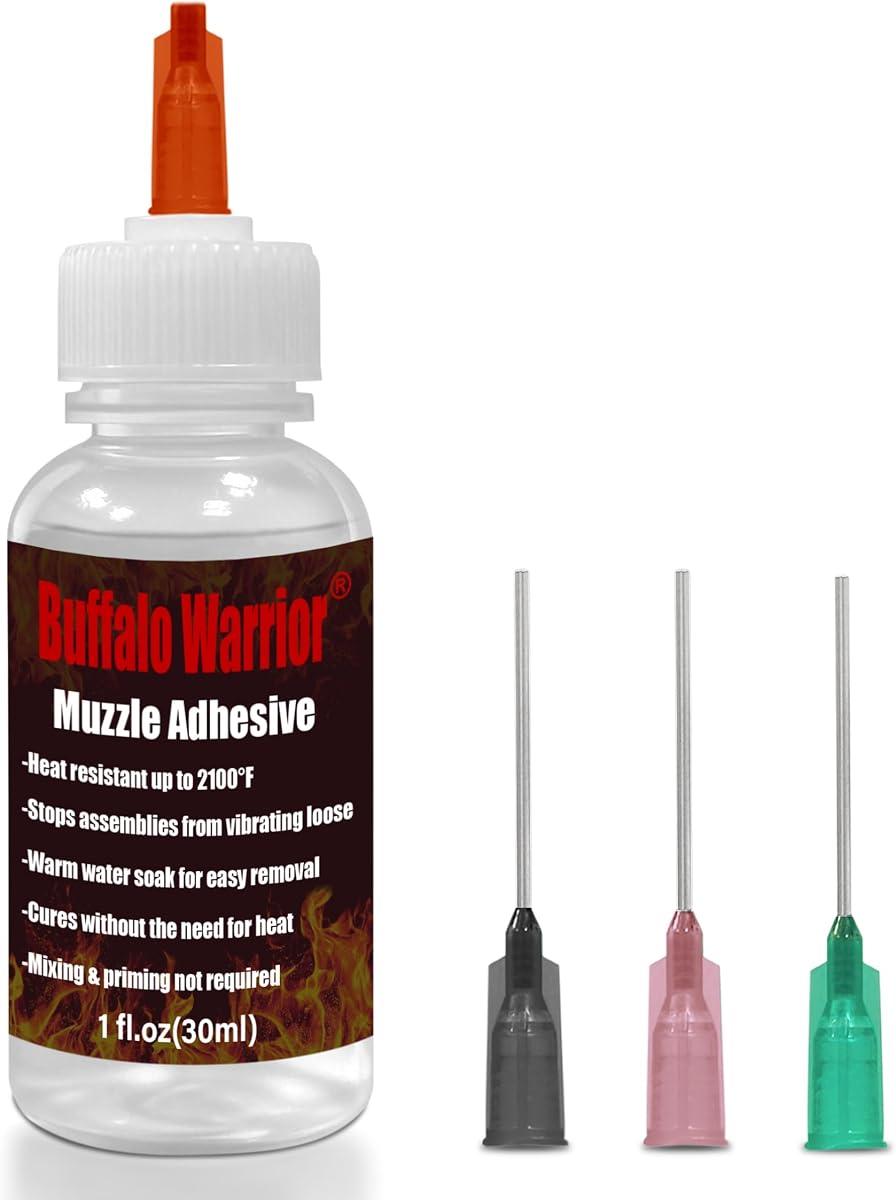 Gun Muzzle Thread Locker 2100°F, Anti-Loosening (1oz) | High-temp thread sealant for muzzle devices; 2100°F resistant, anti-loosening; room-temp cures ~20h; easy warm-water removal