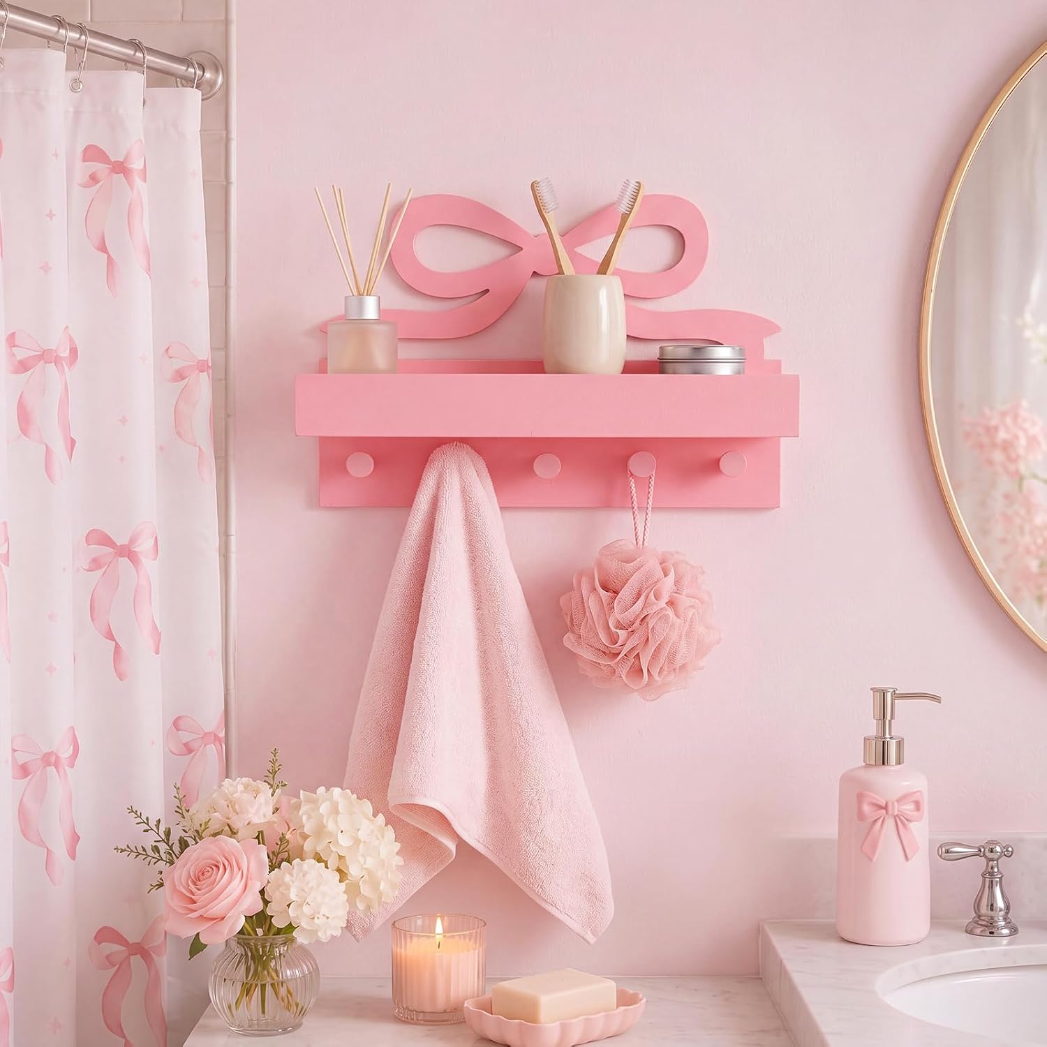Mifoci Wooden Pink Bow Key Holder Wall Mount with Basket and 4 Hooks