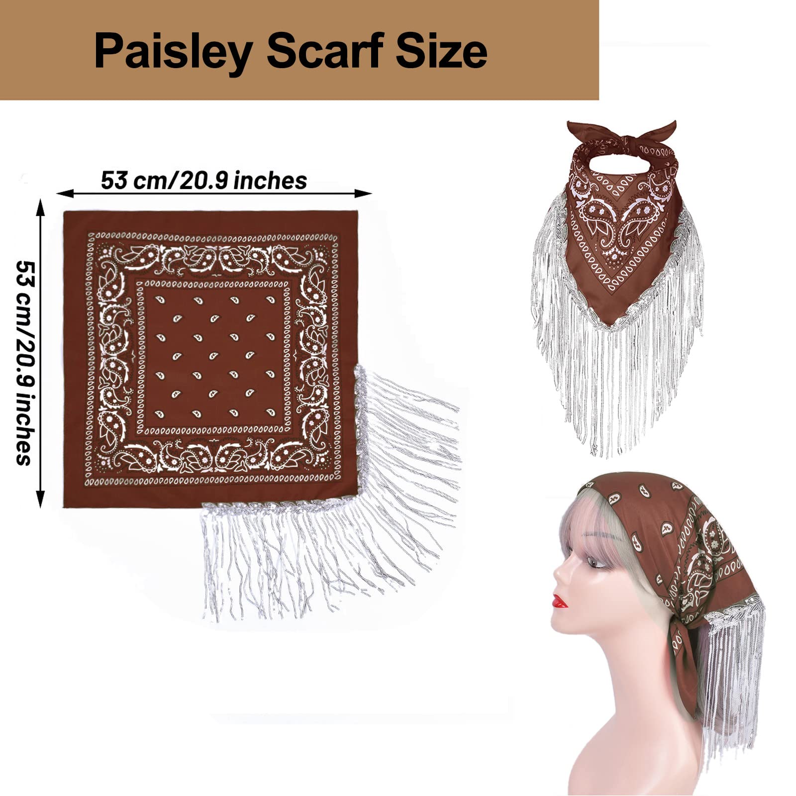 Chapeau de cowboy avec bandana à franges pour femme - Chapeau de cowgirl occidental à large bord - Écharpe cachemire