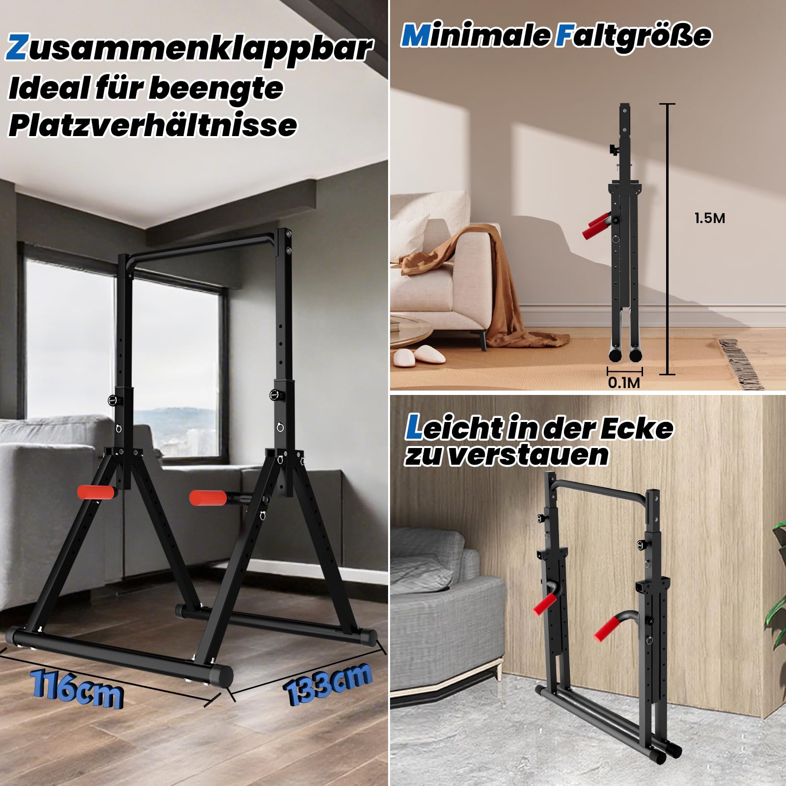 DOBESTS Faltbar Power Tower Dip Station Klimmzugstange Freistehend Höhenverstellbar Multifunktional Fitness Trainingsgerät für Klimmzugstange Liegestütze Abdominal, Dreiecksstruktur
