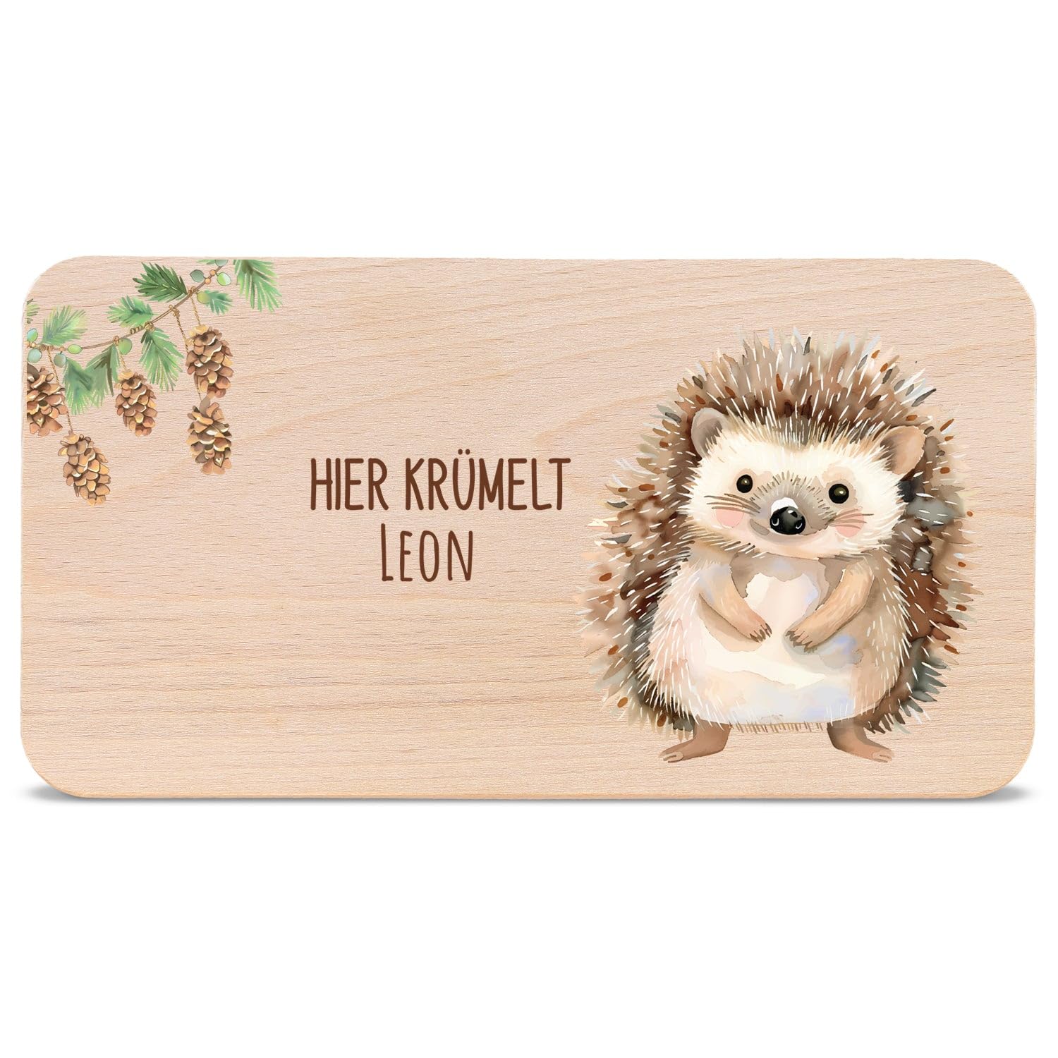 GRAVURZEILE - Bedrucktes Frühstücksbrettchen aus Holz - Hier Krümelt Igel - Personalisiert mit Namen - Geschenk für Kinder - Lebensmittelechter, umweltfreundlich Druck (GreenGuard Gold)