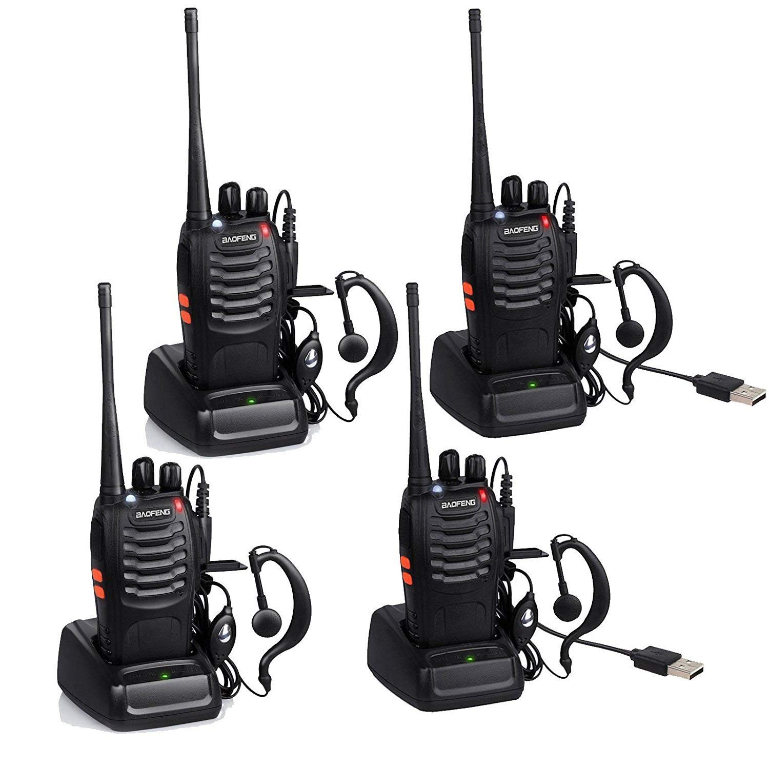 Baofeng BF-888S USB Charger Rechargeable Walkie Talkies Two Way Radio UHF 400-470MHz Long Rang 5W 16 Channels with Earpieces(4 Packed of Set Black)