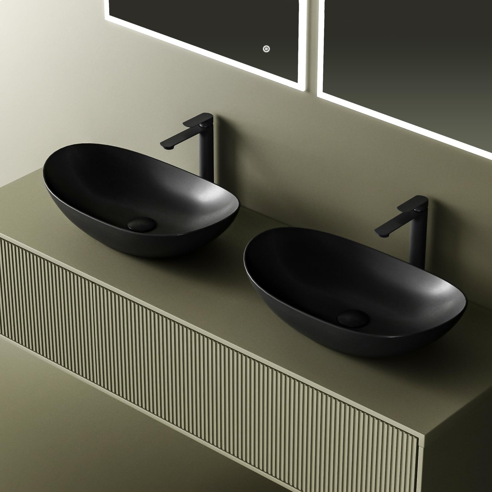 EMKE Aufsatzwaschbecken oval, Keramik Waschbecken Bad 61,9 x 36 x 15,7 cm, Waschtisch Schwarz Matt, Waschschale ohne Hahnloch, Handwaschbecken für Badezimmer und Hotel