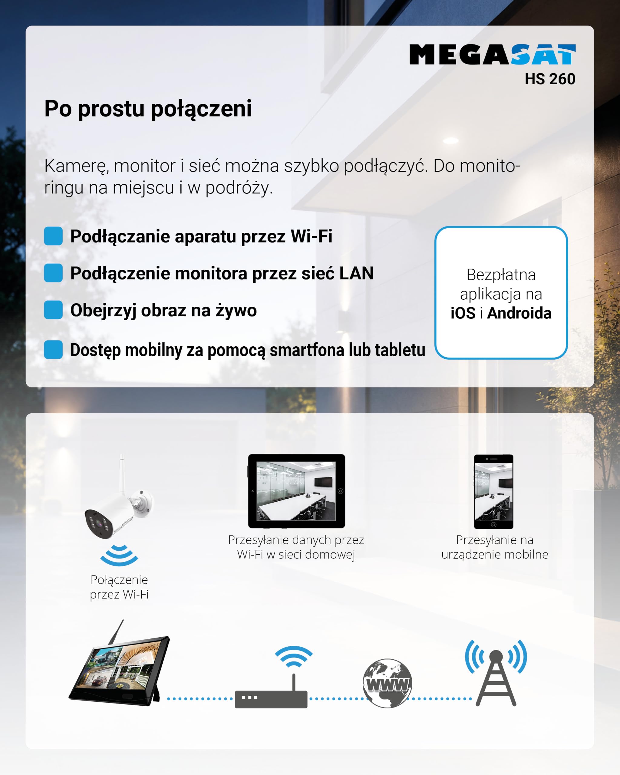 Megasat System monitoringu HS 260 – kamera i monitor do monitoringu (nagrywanie na karcie SD lub dysku twardym, zasięg radiowy do 300 m, monitor 10,1″)