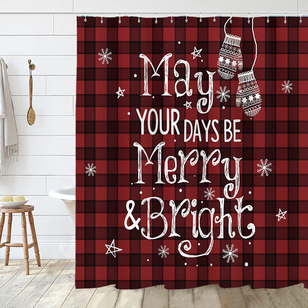 TititexChristmas Red Buffalo Plaid Shower Curtain, Winter May Your Days Be Merry and Bright Bathroom Shower Curtain Sets Decoration 71 x 71 Inch with Hooks