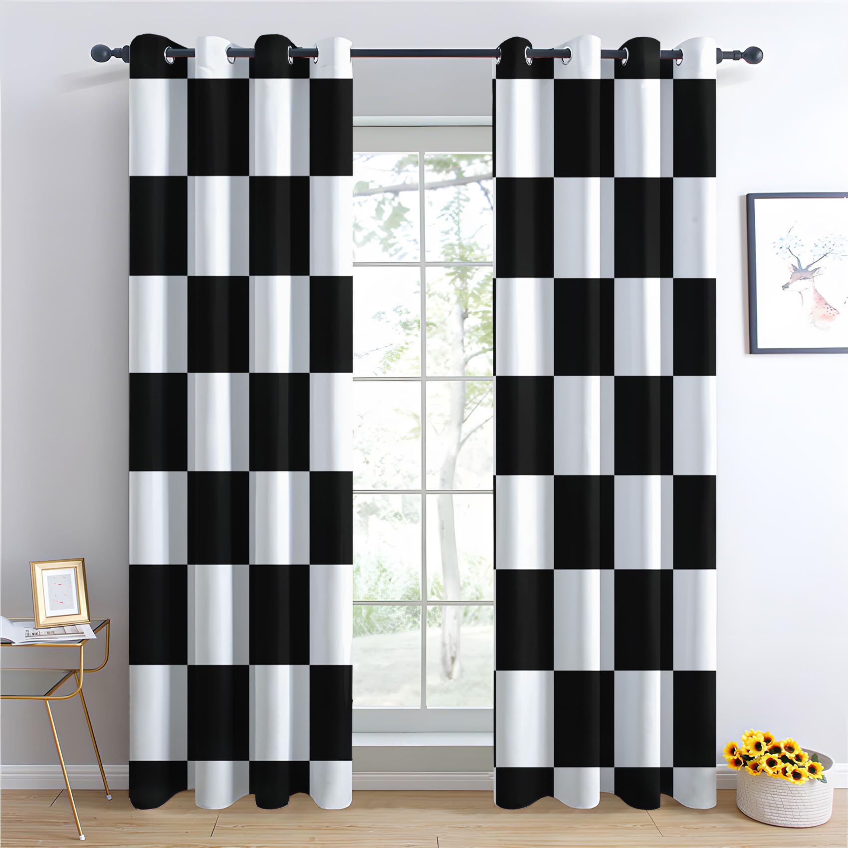 Tende termiche ometriche oscuranti bianche e nere 90 x 90 cm, per camera da letto e soggiorno, set di 2 pannelli, tendaggi per finestre con design con occhielli