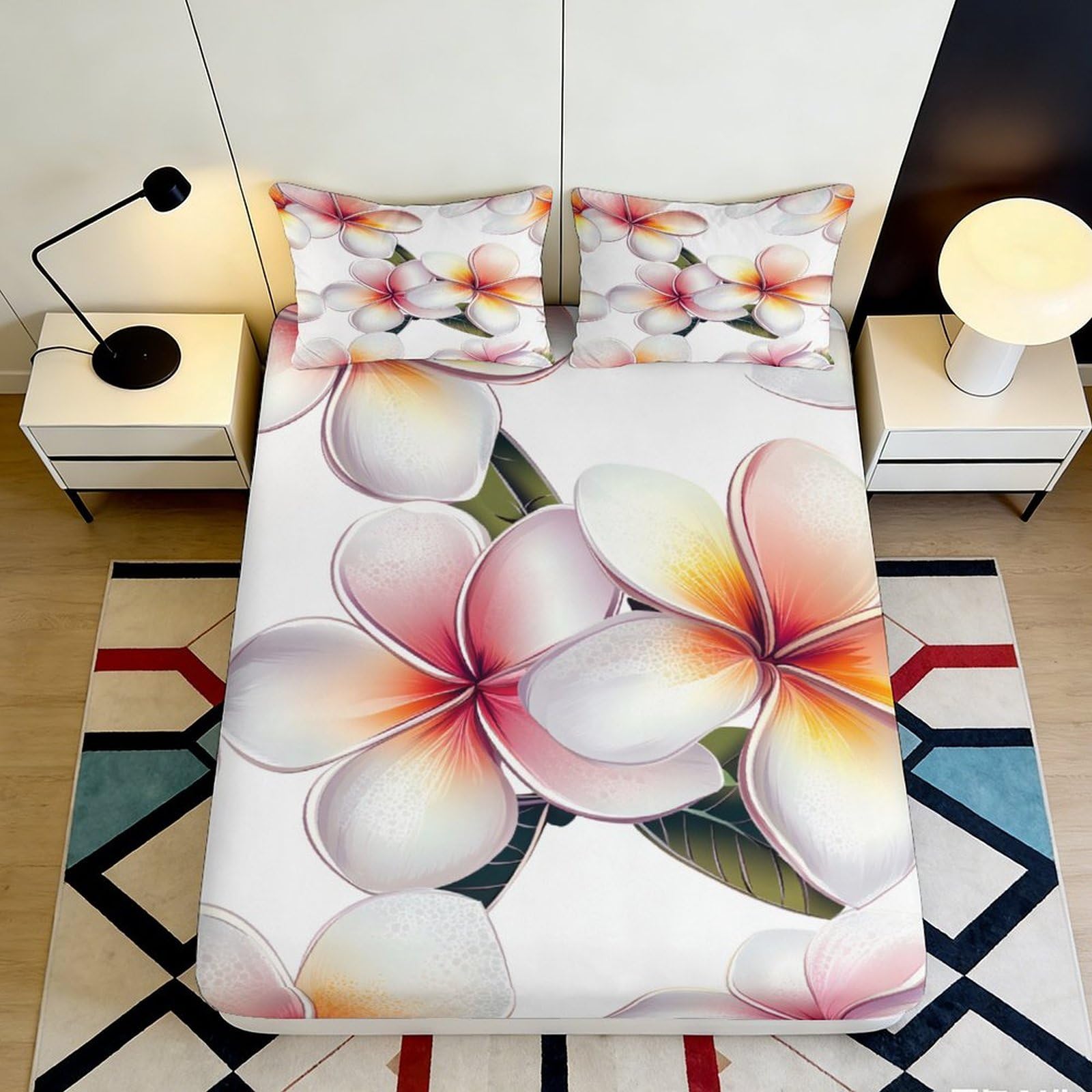3D Printed Plumeria Fitted Sheet Microfiber Soft Breathable Floral Bed Cover for Bedroom Dormitory Guest Room Mattress Protection Decor 160x200x25cm