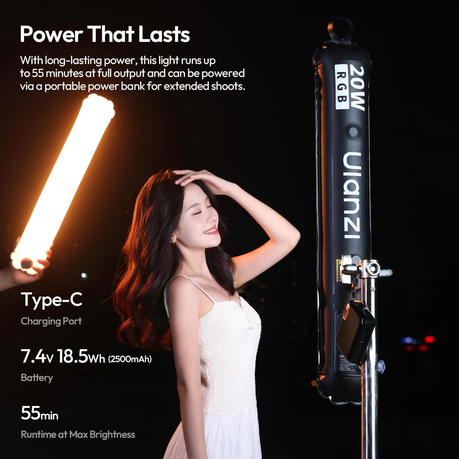 ULANZI UA20C Lampe Tube à air, Lumiere Photo Portable RGB 20W, Lampe vidéo magnétique à intensité Variable 1800-10000K avec IRC 95+, 12 Modes scène, LED Photo Gonflable Rechargeable 2500mAh
