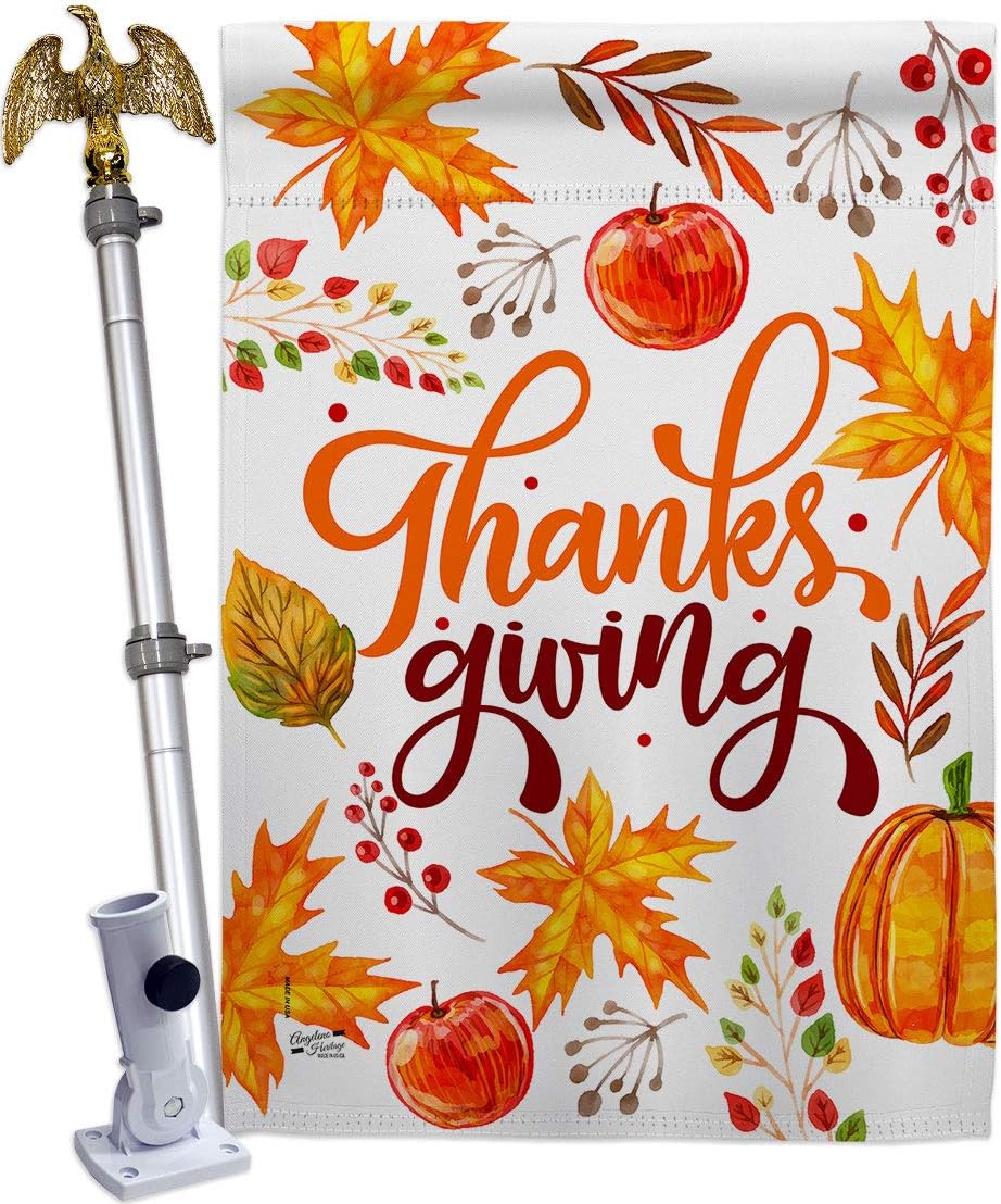 Thanksgiving Leaves House Flag Falltime Turkey Give Thanks Gobble Pumpkin Season Autumntime Cornucopia Small Decorative Gift Yard Banner Made In USA 28 X 40
