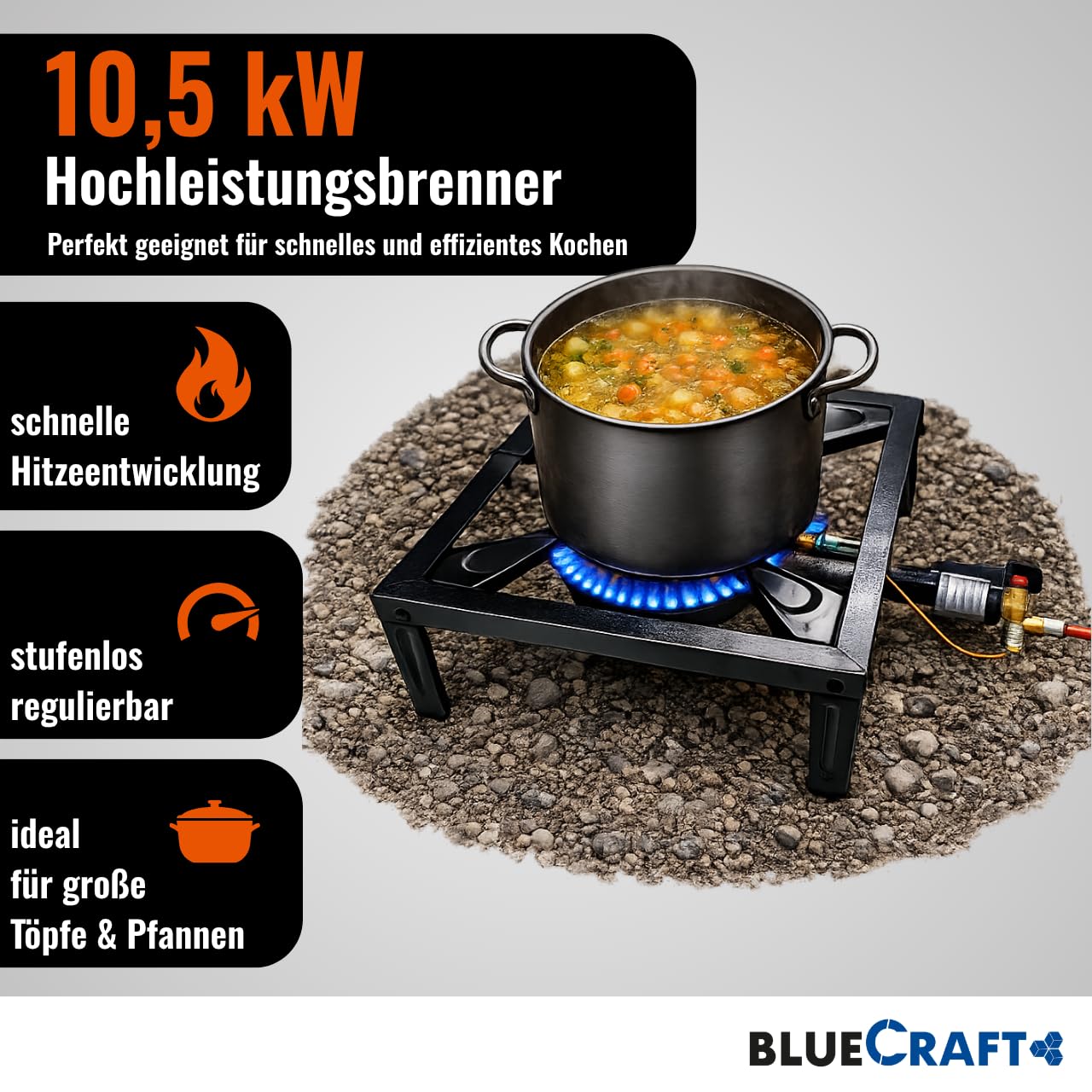 Bluecraft Hockerkocher Gas 10,5 KW Gaskocher + Gasschlauch & Regler 50mbar | Mit Zündsicherung & Piezozündung für Gasflasche - Campingkocher, Gasgrill, Gasbrenner, Gusseisen, Räucherofen, Wokbrenner