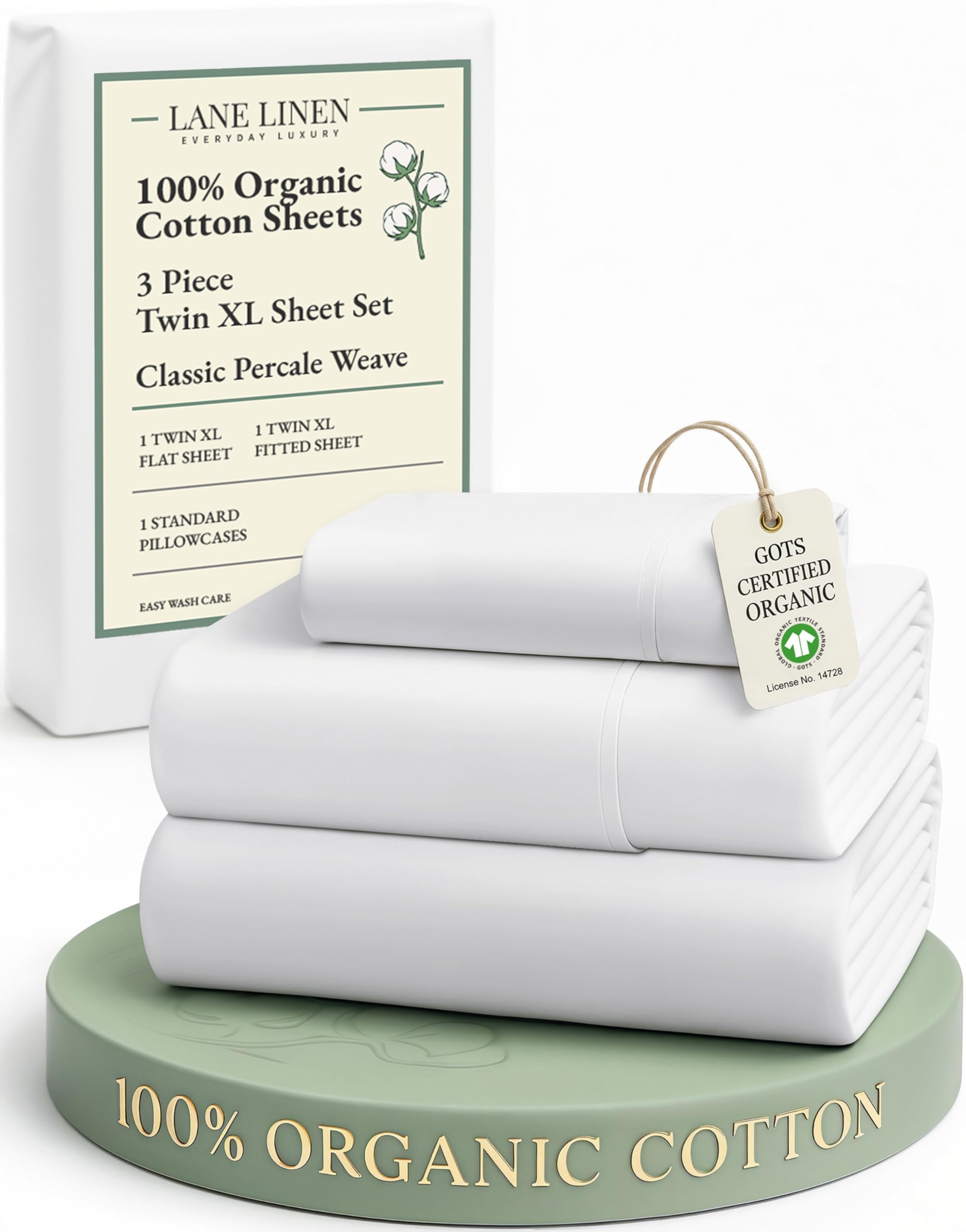 100% Organic Cotton White Twin XL Sheets Set, 3-Piece Pure Organic Cotton Percale Sheets, Extra Long Twin Sheets, Ultra Soft Bedding Sheets,Breathable, GOTS Certified,Fits Mattress Upto 15" Deep