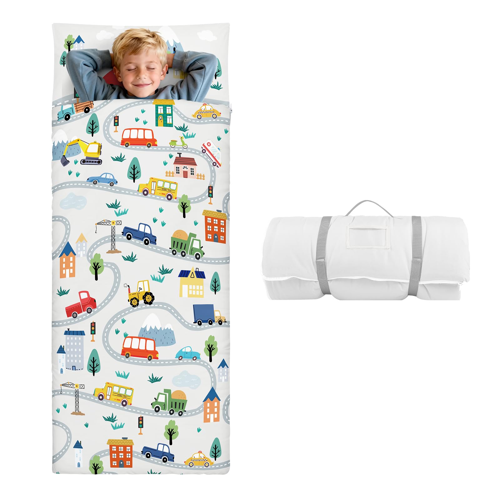 Kids Sleeping Bag-Pillow,Mat and Blanket Included-Comfy Nap Mat for Toddlers Boys,All-In-One Sleepover Bag for Travel Nursery,Gift for Birthday Christmas,Road Car โ image 1