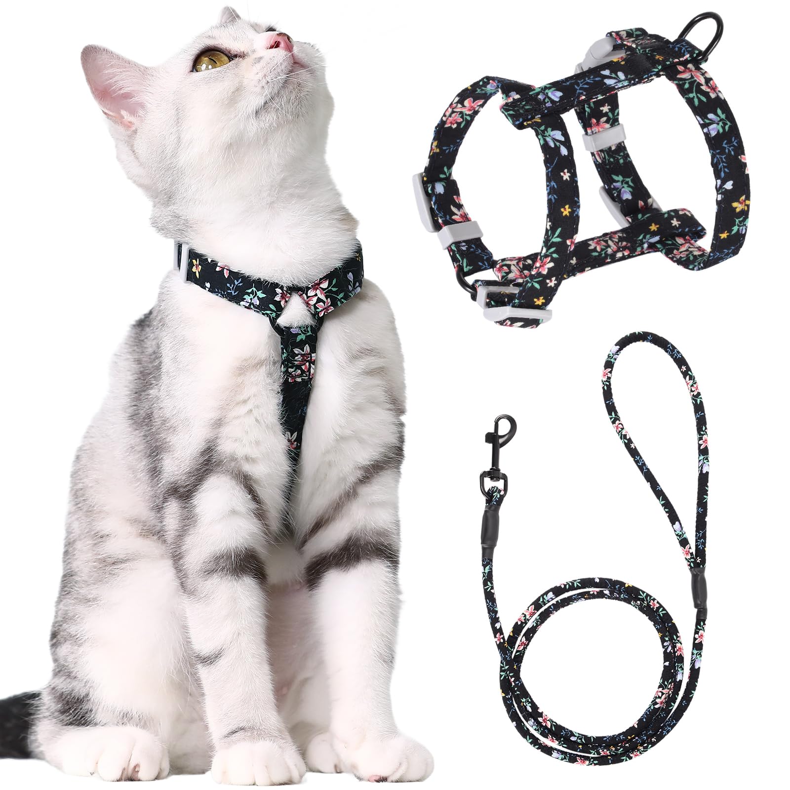 PETTOM Blumenmuster katzengeschirr mit Leine katzenleine mit Geschirr für Katzen mit Rundes Schlüsselband Ausbruchsicher Einstellbarer Brustgurt Geeignet für kleine und mittlere Katzen