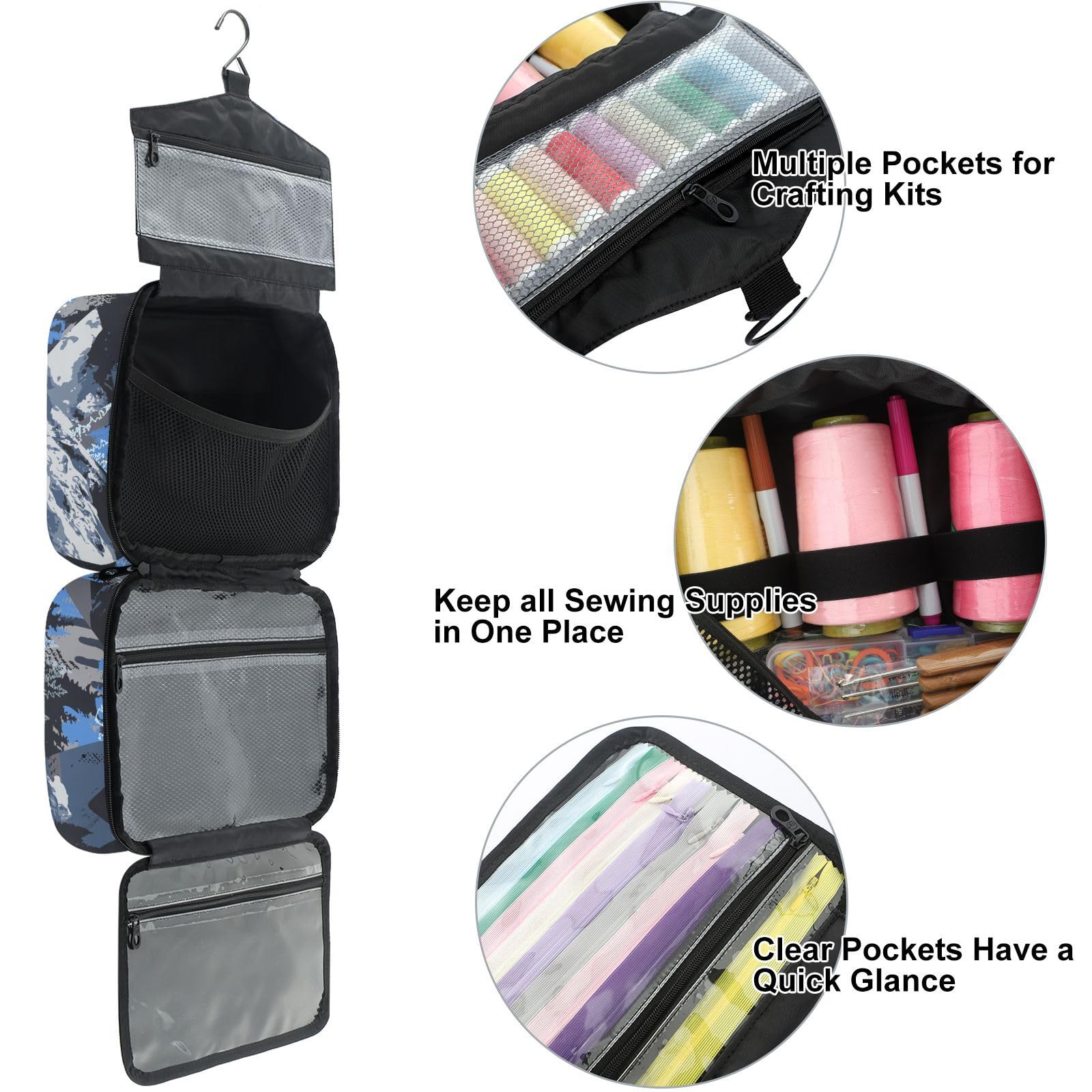 YNNALE Sewing Supply Organizer Bag, Abstract Mountain Blue Black Portable Sewing Bags with Pockets&Hanger, Sewing Storage Box Case for Sew Supplies/Kit/Tools/Accessories (BAG ONLY)