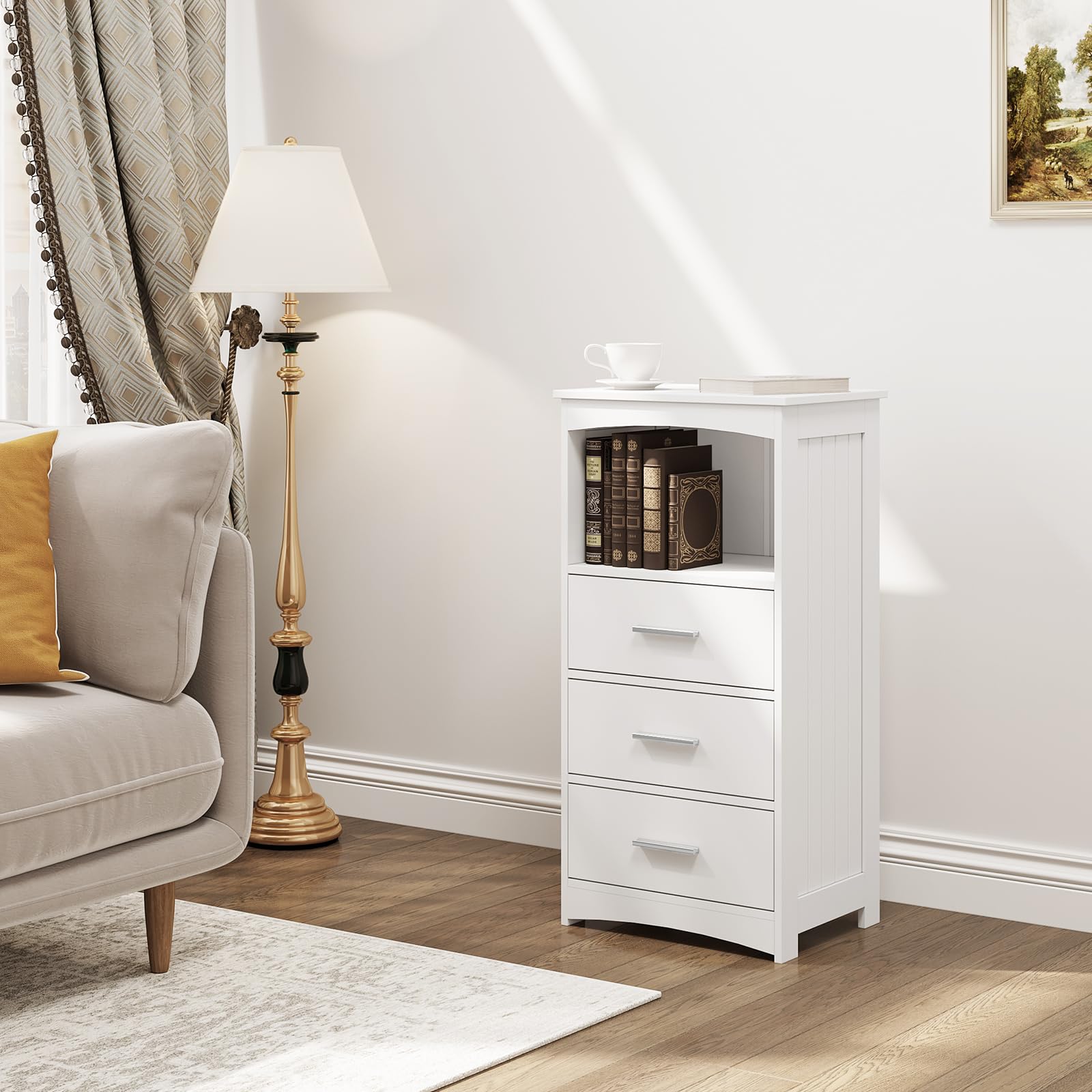 EUGAD Armario Estrecho, Armario de Columna, Mueble Auxiliar Baño con 3 Cajones y 1 Compartimiento Abierto, Mueble Baño Almacenamiento, 40x26,5x80 cm, Blanco