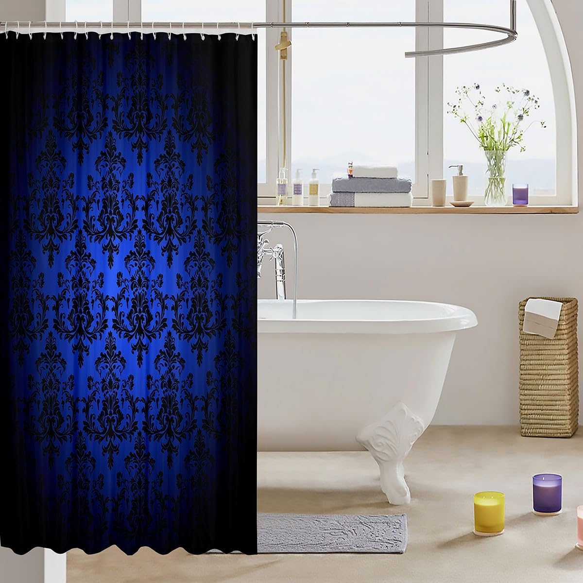 Vintage Black Blue Shower Curtain with Hooks,Gothic Damask Lace Pattern Waterproof Bath Curtain,Bohemian Victorian Baroque Floral Bathroom Accessories Panel Decor, 72Wx84L inch