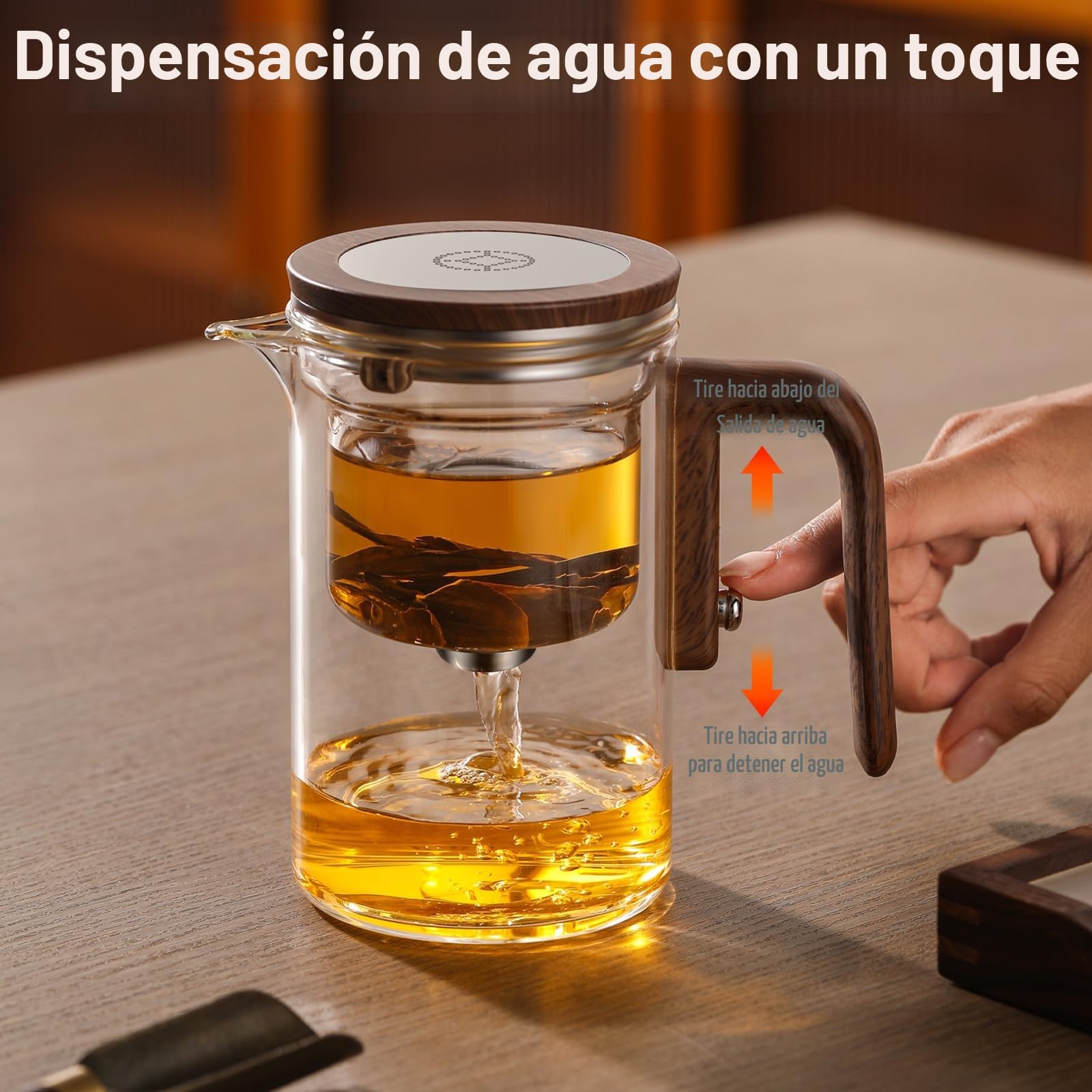 Tetera de cristal para separación de agua con filtro y mango de madera - Tetera mágica, diseño innovador para disfrutar del té uniformemente, tetera transparente con infusor